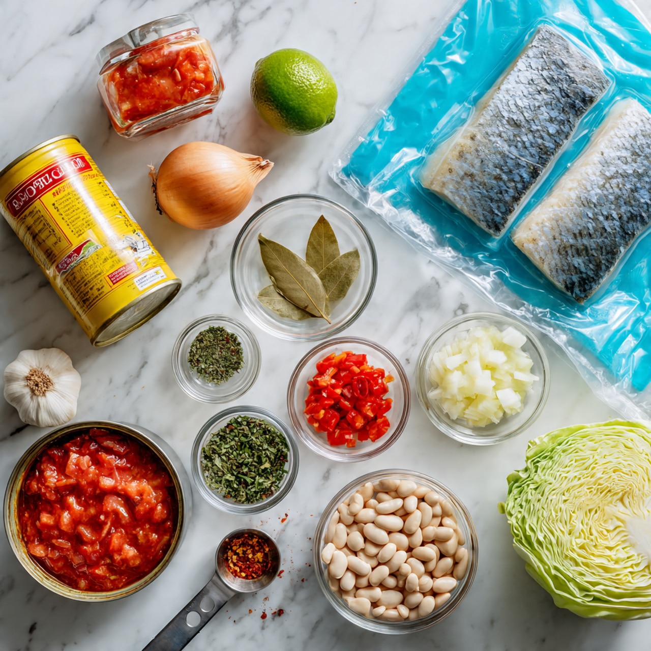 The image shows several ingredients arranged neatly on a white marbled surface. There are two raw fish fillets sealed in a clear vacuum bag on a blue mat in the top right corner. In the center, a whole onion and a small green lime rest beside three cans of tomatoes: one large yellow can of crushed tomatoes and two smaller white cans of diced tomatoes with red labels. Surrounding these are various small clear bowls holding sliced garlic, olive oil, chopped herbs, bay leaf, chili flakes, and a white bowl filled with large white beans. Next to the beans is a small metal measuring cup filled with chopped red peppers. Lastly, a quarter wedge of green cabbage sits on the bottom right. photo taken with an iphone --ar 4:5 --v 7