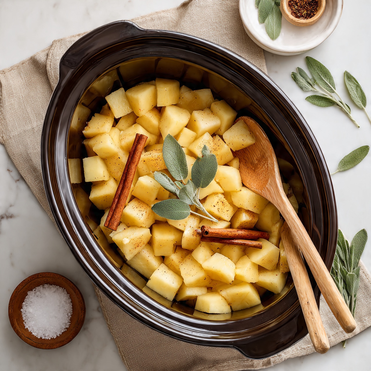 The image shows a large oval black dish filled with small light yellow and white diced pieces, mixed with a few cinnamon sticks and fresh green sage leaves on top. Resting inside the dish is a long wooden spoon. The dish is placed on a light brown cloth on a white marbled surface. Around the dish, there is a small wooden bowl with white salt, a white bowl, and scattered fresh sage leaves. The photo has soft natural light and a simple, clean look. Photo taken with an iphone --ar 4:5 --v 7