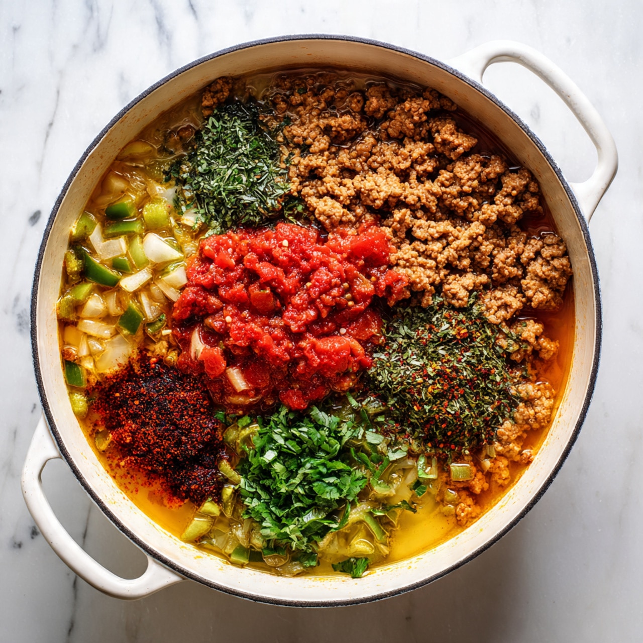 A round white pot filled with several layers of ingredients sits on a white marbled surface. The bottom layer shows chopped green bell peppers and red pieces in a golden oily broth. On top of this, bright red crushed tomatoes form a central layer. To one side, finely chopped green herbs create a textured patch, while on another side, dark red spices with chili flakes display a grainy look. Covering the top middle is a layer of cooked ground beef, unevenly spread and brown in color. The pot has white handles on either side. photo taken with an iphone --ar 4:5 --v 7