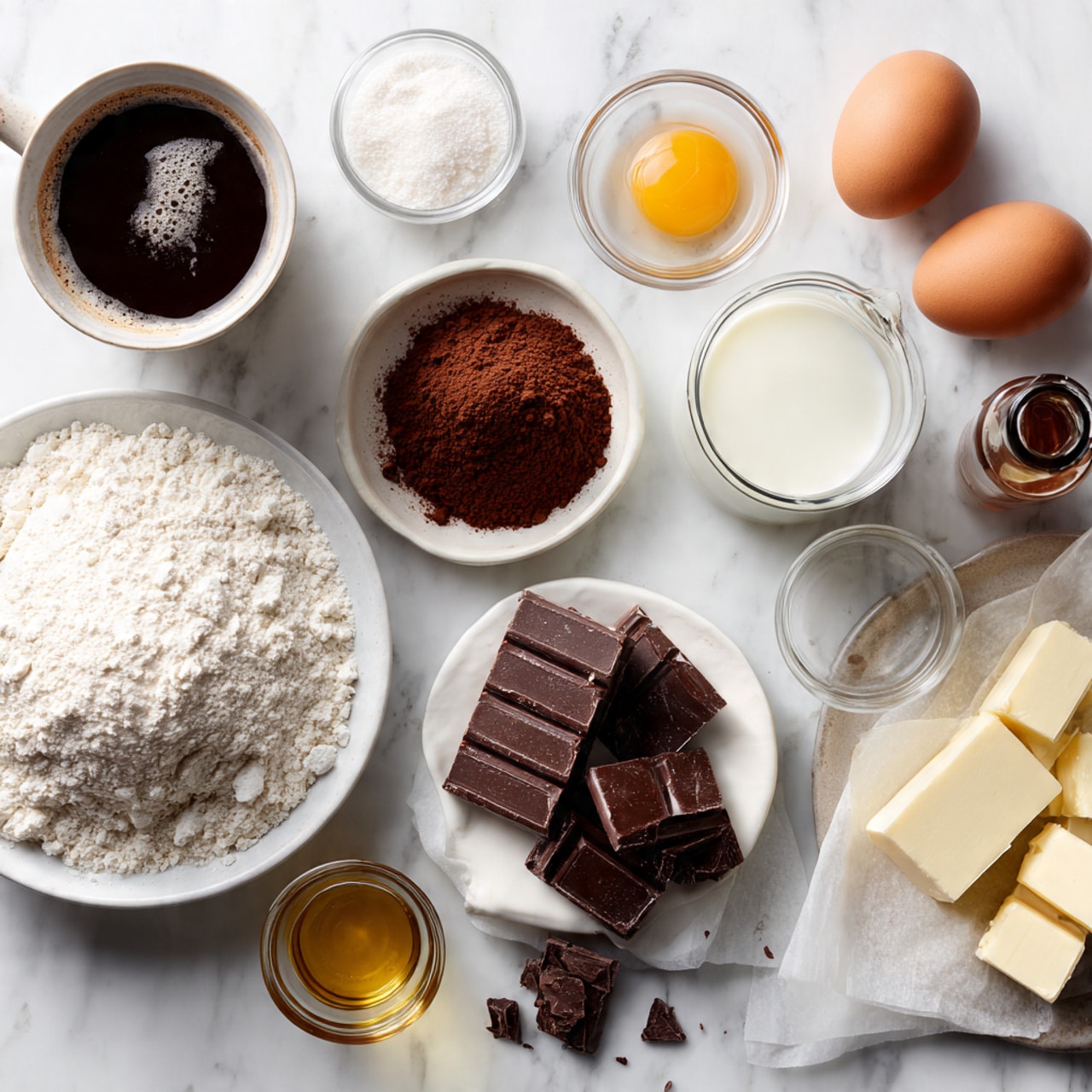Several chocolate donuts are shown close up, each with one thick, smooth layer of shiny dark chocolate glaze on top that covers the donut fully and drips slightly down the sides. The donuts are dark brown with a soft, moist texture visible under the glaze. They sit on white parchment paper resting on a white marbled surface. The image is focused on one donut in the center foreground with others faded in the background. photo taken with an iphone --ar 4:5 --v 7