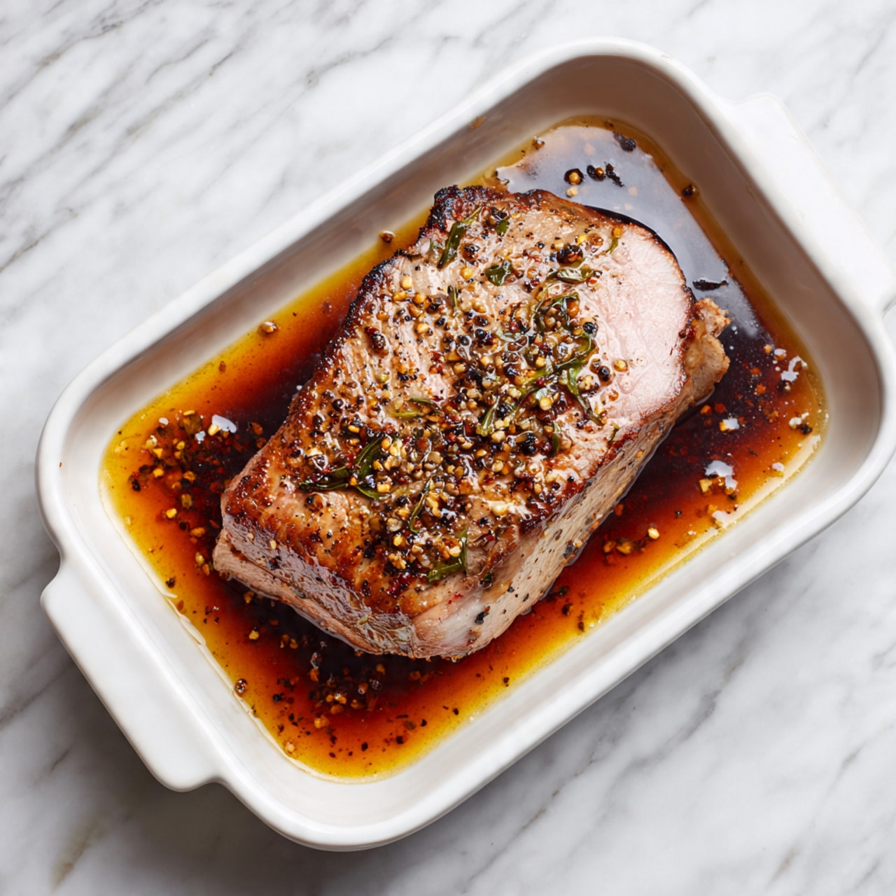 A rectangular white baking dish holds a single piece of cooked meat in the center, slightly pink inside with a browned and seasoned outer layer speckled with black pepper and herbs. The meat is surrounded by a shallow pool of brown juices and small bits of seasoning. The dish is set on a white marbled surface. Photo taken with an iphone --ar 4:5 --v 7