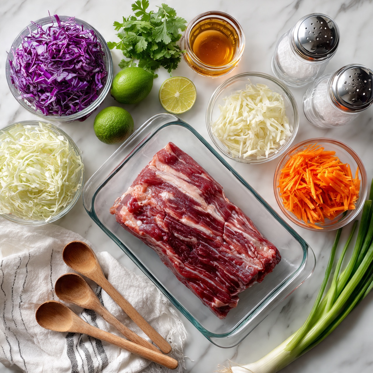 The image shows a clear glass baking dish at the bottom center holding a raw, rectangular piece of red meat with white fat streaks. Surrounding it are small glass bowls and white measuring cups with ingredients: shredded purple and white cabbage on the left, shredded orange carrots on the right, and minced white garlic and ginger in two small bowls nearby. A bright green lime and a small bunch of fresh green cilantro sit near the top, along with two tall clear salt and pepper shakers. There are four wooden measuring spoons with metal heads on the left side, and a small glass bowl with amber liquid near the top left. A single green onion stalk lies horizontally on the right side. All items rest on a white marbled surface, with a white cloth with black lines in the bottom left corner. Photo taken with an iphone --ar 4:5 --v 7