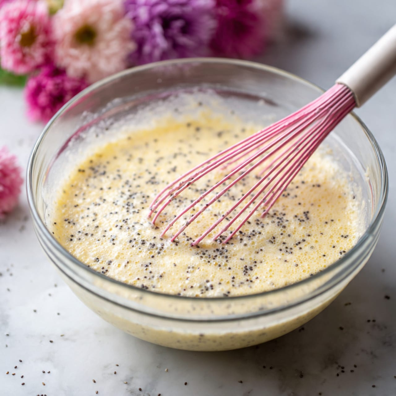 A clear glass bowl filled with creamy, light beige batter mixed with many small dark seeds, giving a speckled texture. A pink whisk, coated with the batter, rests inside the bowl. In the blurred background, there are soft purple flowers softly lit, and the whole scene is set on a white marbled surface. photo taken with an iphone --ar 4:5 --v 7