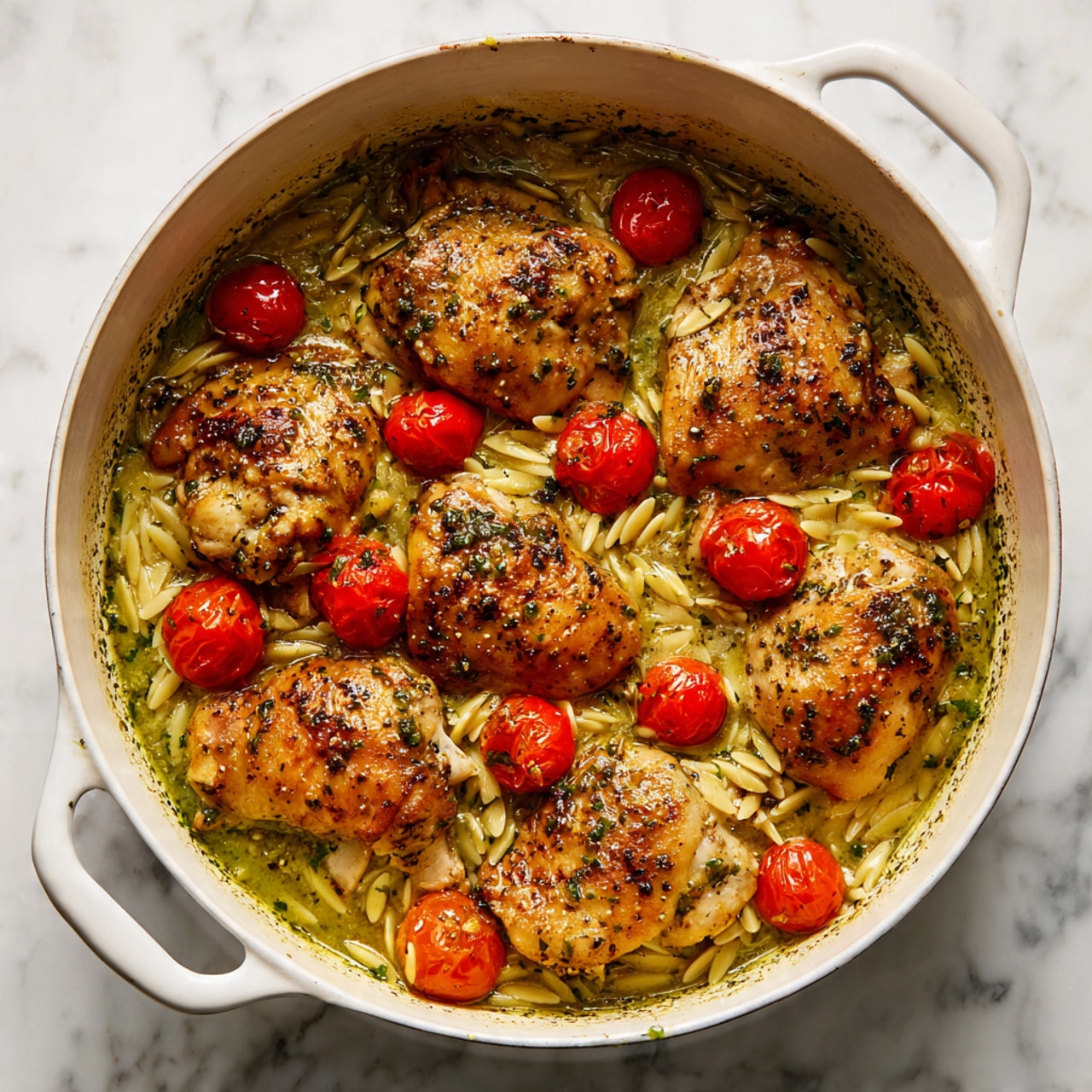 A white pot filled with a cooked dish showing multiple light brown chicken pieces seasoned with black pepper sitting in a greenish sauce. Bright red whole cherry tomatoes are scattered evenly on top, along with small clusters of pale yellow orzo pasta partially submerged in the liquid. The green sauce has a textured, oily look and surrounds the ingredients, filling the pot. The pot handles are visible on each side, placed on a white marbled surface. photo taken with an iphone --ar 4:5 --v 7
