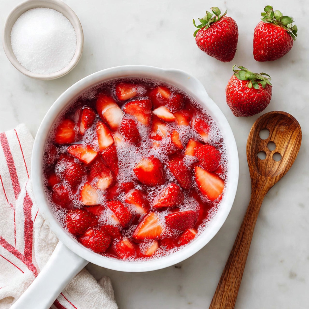A white saucepan filled with bright red strawberry pieces mixed with melting white sugar on top; the strawberries are cut into halves and quarters showing their juicy inside and seeds; the pan sits on a white marbled surface with a wooden spoon with a hole near the handle resting to the right and whole fresh strawberries placed near the top right; next to the pan on the left is a white bowl of sugar and a white and red striped kitchen towel; the scene is bright and clean with a close view from above, photo taken with an iphone --ar 4:5 --v 7