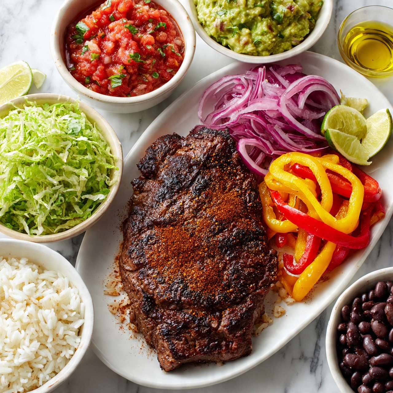 A white oval plate holds a large piece of dark brown flank steak seasoned with a blend of chili powder, cumin, garlic powder, oregano, lime juice, tomato paste, and salt, placed on a white marbled surface. Around it are six small white bowls: one filled with bright green shredded lettuce, another with chunky red salsa, one with sliced red onions and strips of yellow and orange bell peppers, another with black beans, one bowl with fluffy white jasmine rice, and the last filled with creamy green guacamole showing bits of texture. There is also a small glass of golden olive oil near the top of the steak plate. Photo taken with an iphone --ar 4:5 --v 7