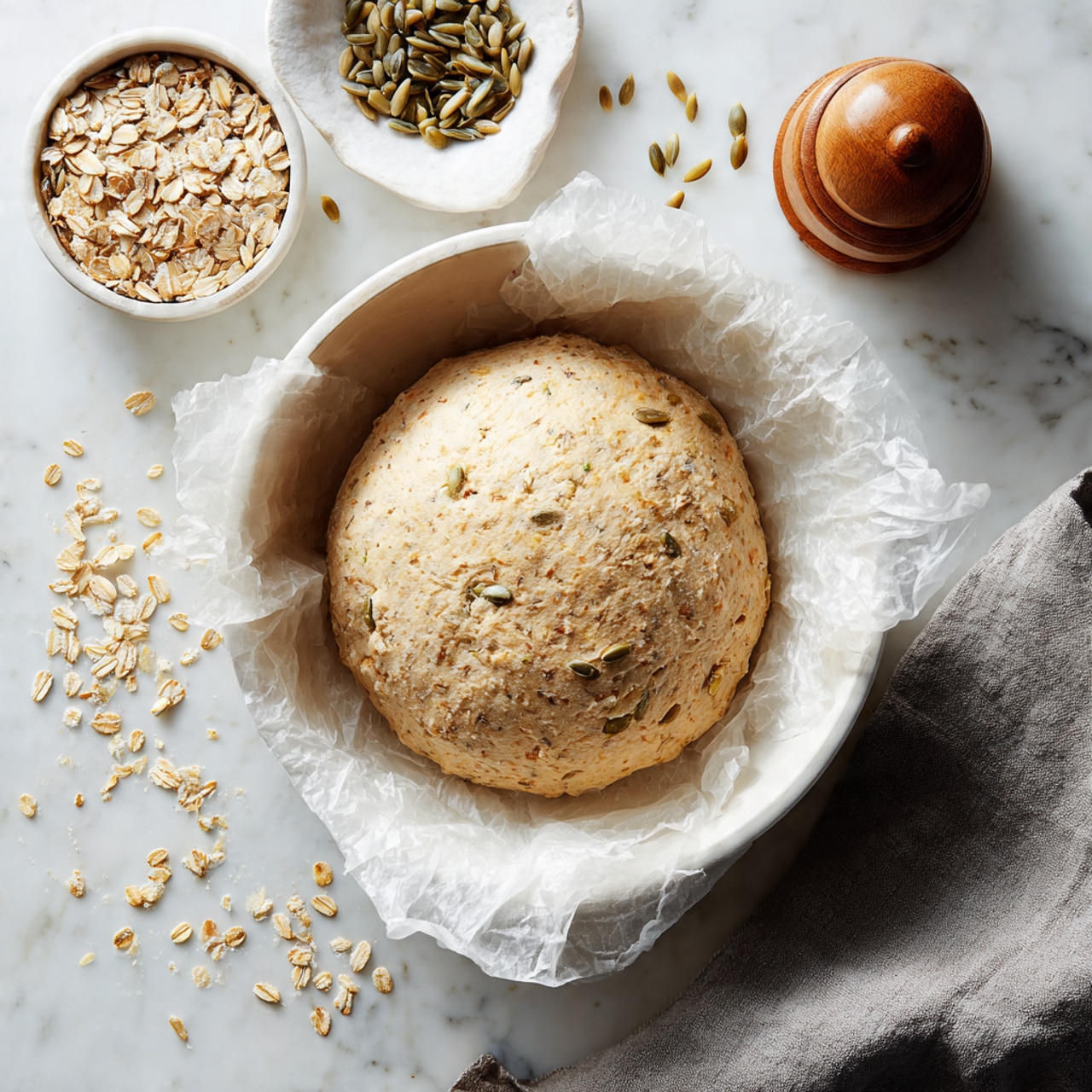 A single round dough ball with a light beige color and specks of seeds all over sits in the center of a white bowl lined with crumpled white parchment paper. The dough surface shows a soft, slightly bumpy texture with some flour dusted on top. Around the bowl are scattered oats and sunflower seeds, and in the upper right, there is a small white bowl filled with sunflower seeds next to a wooden spice grinder. A gray cloth is softly placed in the lower right corner on a white marbled surface. photo taken with an iphone --ar 4:5 --v 7