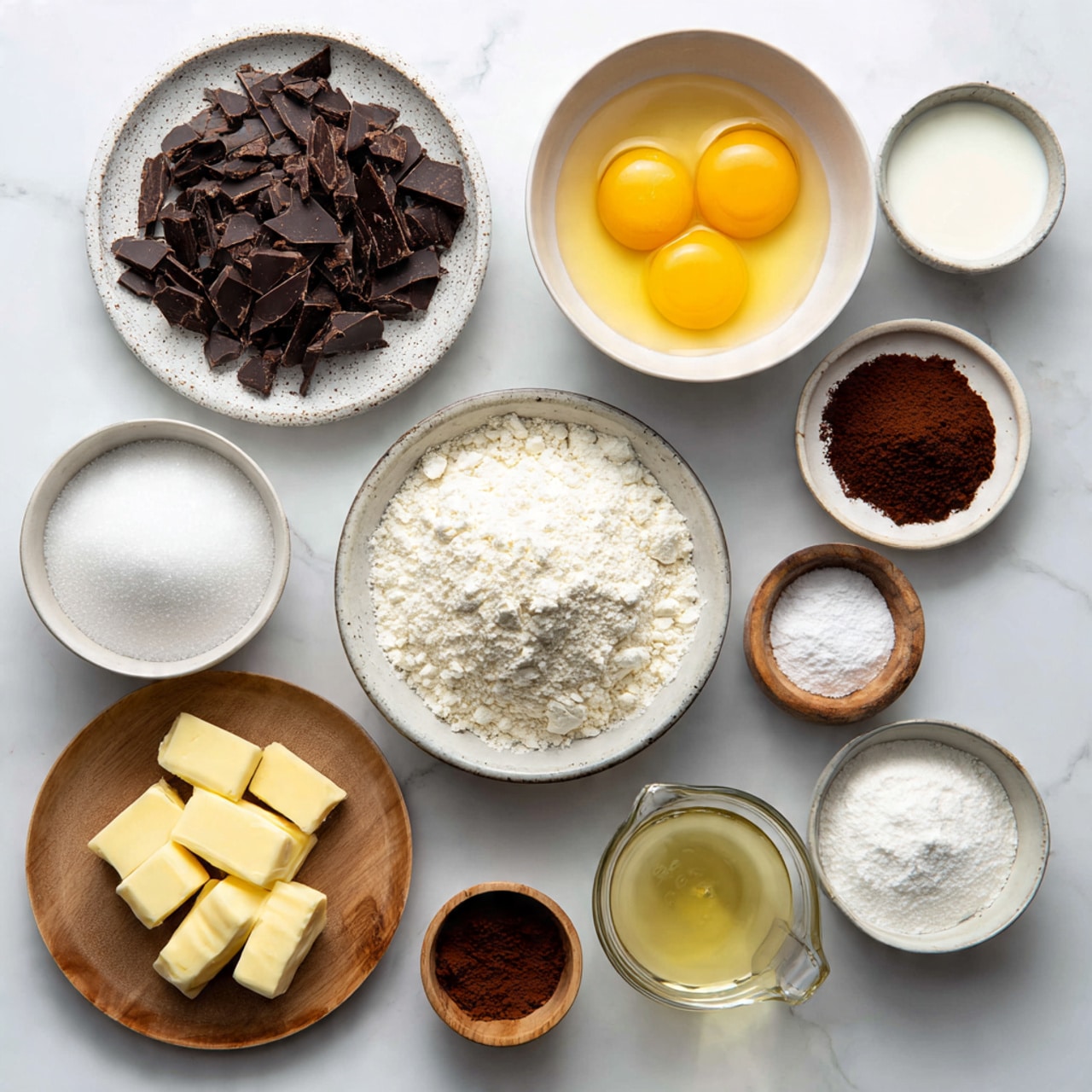 The image shows an overhead view of multiple small white bowls and plates with various baking ingredients arranged on a white marbled surface. Starting from the top left, there is a white speckled plate filled with chopped dark chocolate pieces, followed by a white bowl with three raw eggs showing bright yellow yolks. To the right, a small white bowl holds milk, and next to it, another white bowl is filled with powdered sugar. Below the eggs, a larger white speckled bowl contains granulated sugar, and next to it, a small white bowl has baking soda or powder. A small wooden plate on the lower left holds neatly cut cubes of butter, while in the center right, a wooden bowl is filled with flour. Beside it sits a tiny wooden bowl with vanilla extract and another tiny wooden bowl with cocoa powder. To the bottom right, a glass measuring cup contains clear oil, all neatly displayed and ready for baking preparation, photo taken with an iphone --ar 4:5 --v 7