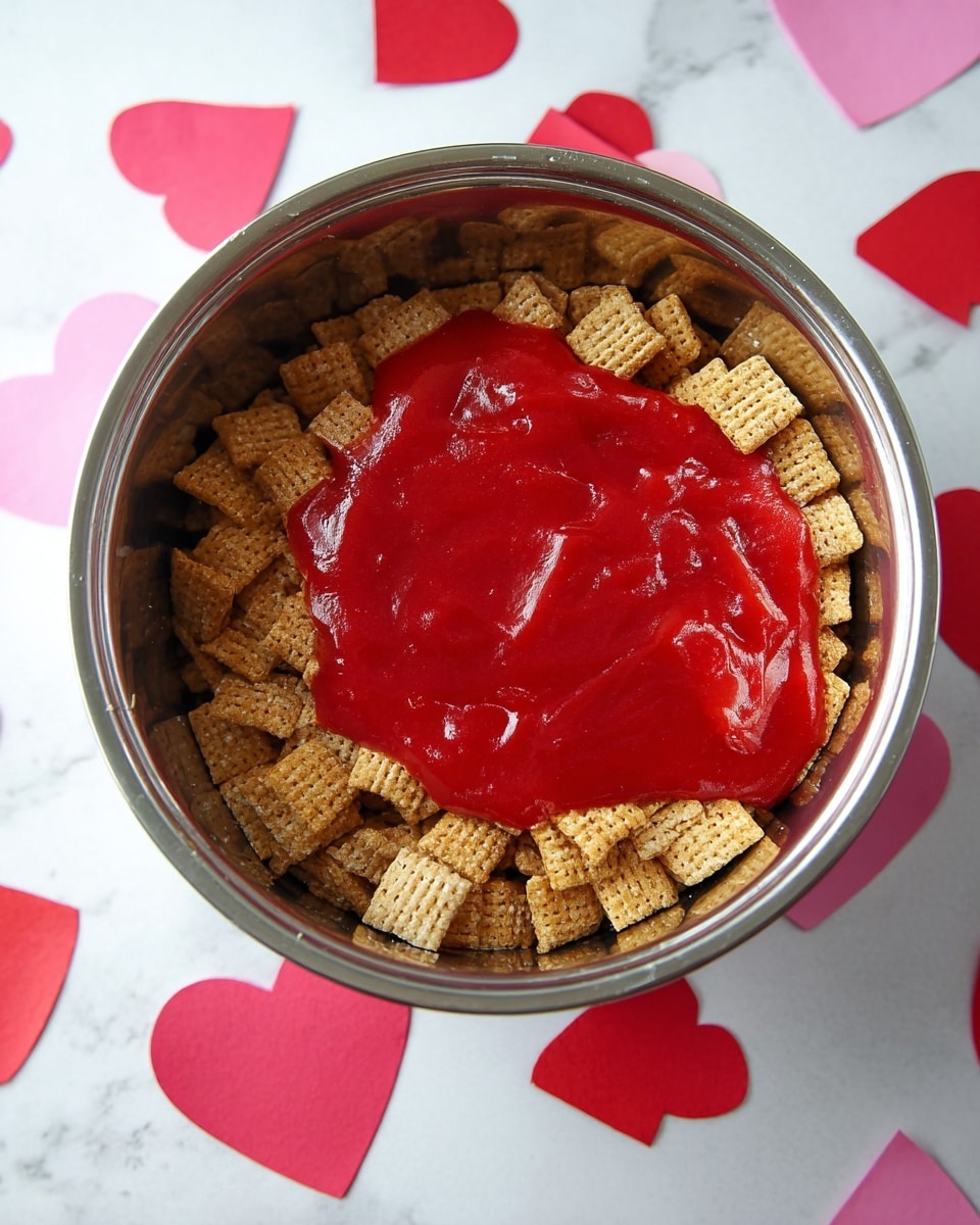 A clear glass bowl holds one layer of light brown square cereal pieces with a woven texture covering the bottom. On top, there is a thick, smooth layer of dark brown chocolate spread with swirling, glossy peaks and folds, centered over the cereal. The bowl sits on a white marbled surface decorated with scattered red and pink heart shapes. photo taken with an iphone --ar 4:5 --v 7
