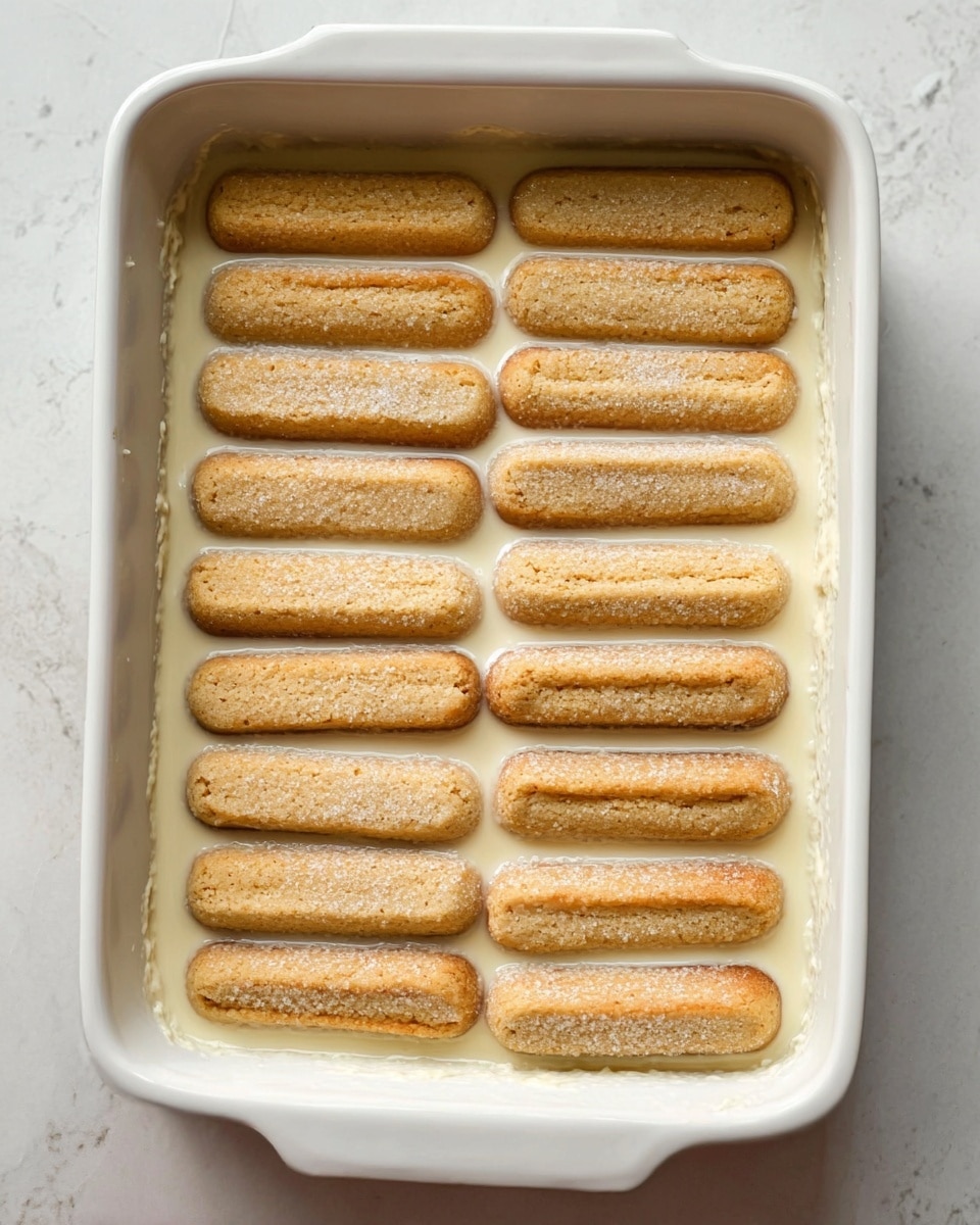 The image shows a white rectangular baking dish filled with a single layer of long, light brown ladyfinger biscuits soaked in a creamy white liquid. The biscuits are neatly arranged, mostly horizontal but one row vertical near the side. The liquid partially covers the biscuits, giving them a soft, moist texture with a slightly shiny surface. The dish rests on a white marbled surface. photo taken with an iphone --ar 4:5 --v 7