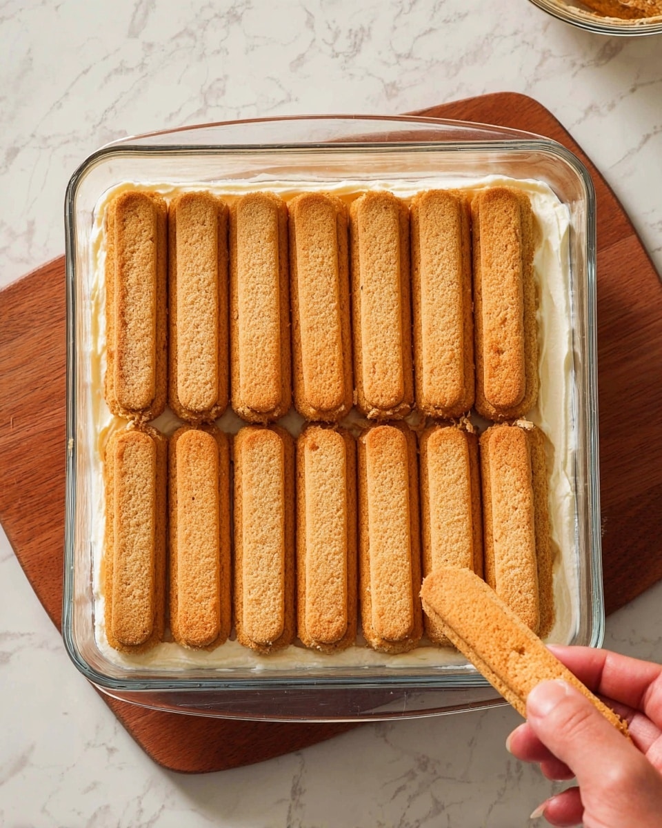 A clear square glass dish filled with two layers is placed on a wooden board on a white marbled surface. The bottom layer is creamy and white, spread evenly in the dish. Above it is a layer of light brown ladyfinger biscuits arranged neatly in three rows with five biscuits each, slightly rough texture and some small cracks visible. A woman's hand is seen holding a small piece of biscuit near the bottom right corner of the dish. Photo taken with an iphone --ar 4:5 --v 7