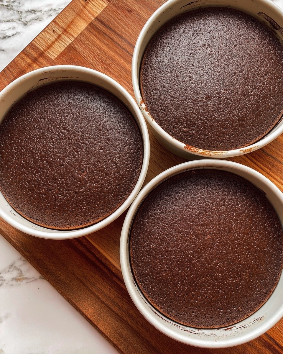 The image shows three round chocolate cakes in white baking pans, arranged closely on a wooden cutting board placed on a white marbled surface. Each cake has a smooth, dark brown top with a slightly textured surface and looks freshly baked. The cakes appear even in thickness and are similar in size, filling the pans well, with a small amount of chocolate residue near the edges of the pans. The wooden board contrasts warmly against the white marbled background, highlighting the rich color of the cakes photo taken with an iphone --ar 4:5 --v 7