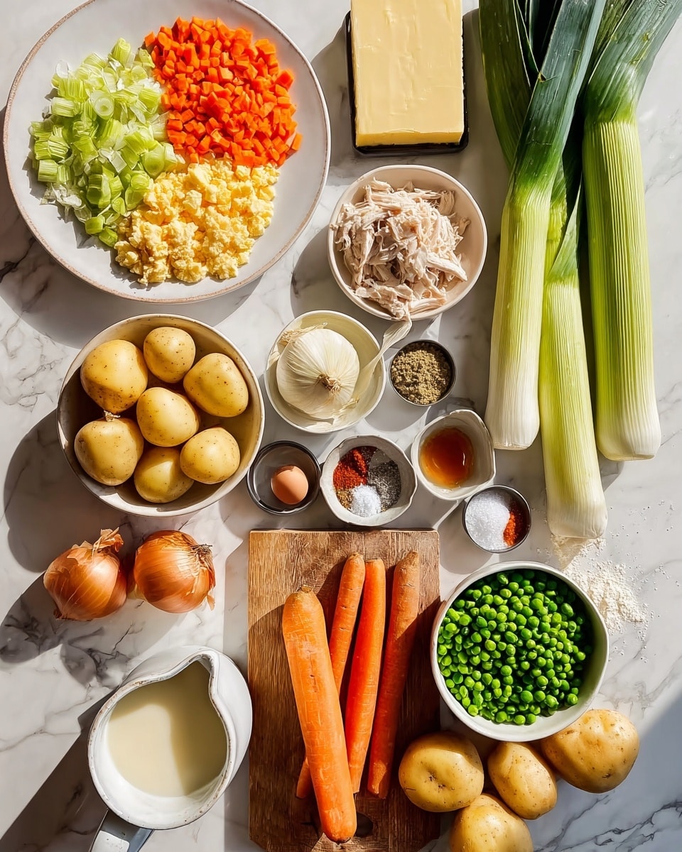 The image shows many ingredients arranged on a white marbled surface. At the top left, a large round white plate holds three separate piles of finely chopped orange carrots, light green celery, and pale green leeks. To the right of the plate are two fresh whole leeks and a rectangular sheet of pale uncooked dough. Near the center, a small white bowl contains shredded cooked chicken. Below it, a wooden cutting board holds two large carrots, several small round potatoes, a bunch of celery stalks with leaves, a whole garlic bulb, and an egg. On the right side, a white bowl is filled with quartered potatoes, and a small metal measuring cup holds bright green peas. Small bowls with white salt, black pepper, and a mix of red, brown, and beige spices sit near the chicken and diced vegetables. At the bottom left, a white pitcher holds milk, next to it is a clear glass mug with a golden liquid, and a metal measuring cup is filled with white flour. A stick of pale yellow butter with a square piece missing rests near the potatoes. The lighting is bright and natural, casting soft shadows. photo taken with an iphone --ar 4:5 --v 7