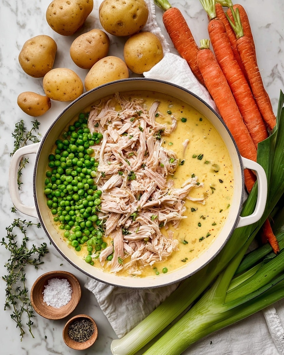 A white pot filled with three main layers is shown: the bottom layer is creamy yellow soup with a smooth texture, topped on one side with shredded light brown cooked chicken pieces, and on the other side with small, round, bright green peas. Around the pot are fresh ingredients including whole light brown potatoes on a white cloth, two long bright orange carrots, celery stalks with green leaves, garlic bulbs, and two small bowls of salt and black pepper on a white marbled surface. Some green leek leaves and a few sprigs of fresh thyme complete the scene. Photo taken with an iphone --ar 4:5 --v 7