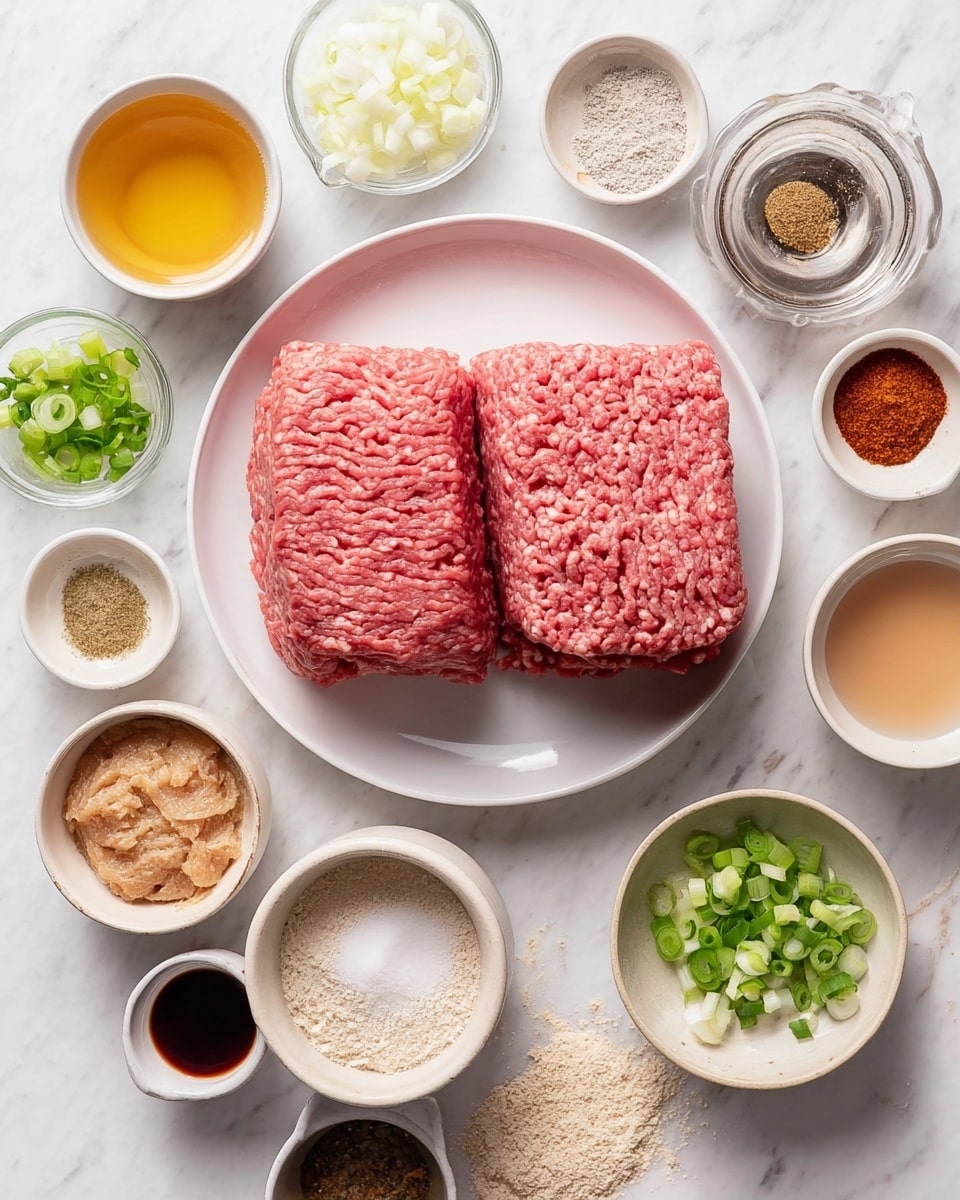 The image shows two thick blocks of raw ground meat with a rough texture placed on a white plate in the center. Around the plate are small white or beige bowls and measuring cups with various ingredients, including bright white chopped onions, finely sliced green onions, a light golden liquid, a reddish powder, dark brown liquid, beige crushed crumbs, white flour, a light brown thick paste, and another small pile of light crumbs. All items are arranged on a white marbled surface with a clean and bright look. Photo taken with an iphone --ar 4:5 --v 7