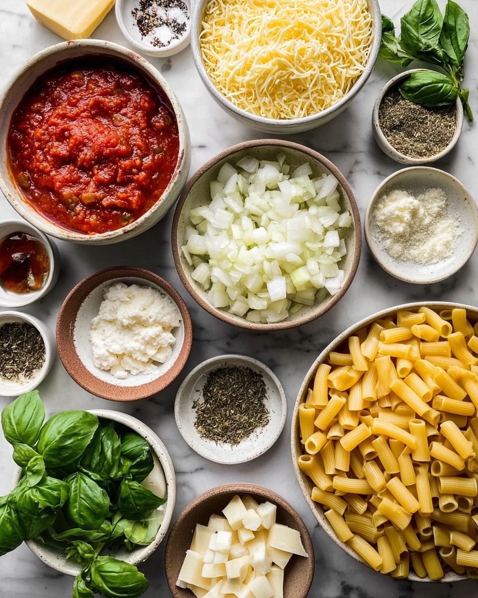 A top view of many white bowls and one bowl with a light brown outer edge on a white marbled surface, showing ingredients for cooking. There is one bowl filled with yellow uncooked tube pasta at the bottom right, a bowl with chopped white onions and green basil leaves in the middle, a bowl with a red tomato-based sauce at the bottom left, a bowl of shredded yellow cheese at the top left, and several small bowls with white minced garlic, brown sugar, olive oil, tomato paste, and butter next to some loose green basil leaves. Additionally, there are small plates with coarse salt, dried herbs, black pepper, and grated cheese. The scene is brightly lit and neatly arranged. Photo taken with an iphone --ar 4:5 --v 7