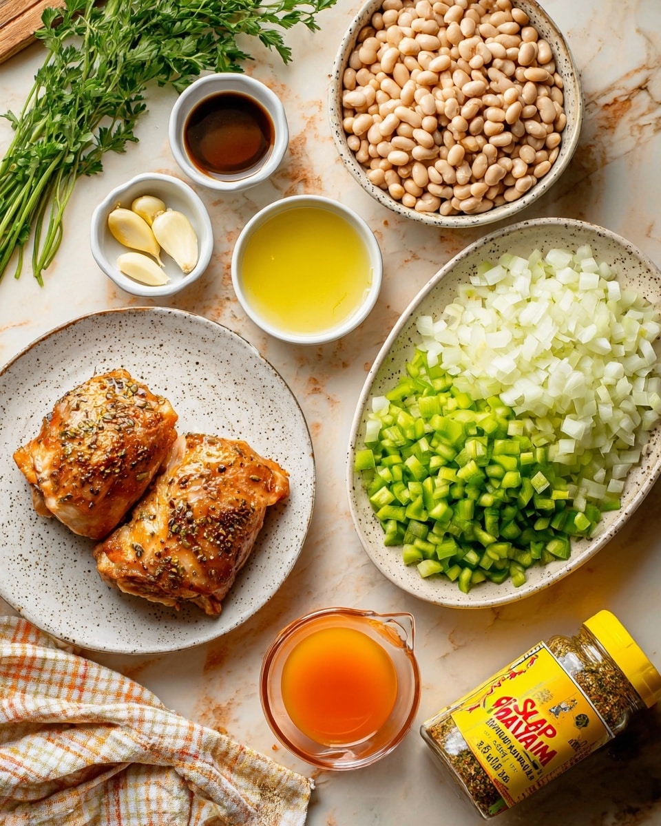 The image shows a white speckled plate with two cooked pieces of golden brown meat with crispy skin placed side by side. Above it, a white speckled oval plate holds three layers of chopped vegetables: white onions covering the top half, bright green bell peppers on the middle right, and light green celery on the bottom right. To the left of this plate is a bowl filled with pale beige beans with small black spots, which rests on a white marbled surface. Nearby, small white bowls contain golden yellow oil, several peeled garlic cloves, and a dark brown liquid. On the right, a clear measuring cup holds a bright orange liquid. Two seasoning jars, one yellow with red and green accents labeled “Slap Ya Mama” and one smaller jar labeled “Bay Leaves,” are placed near the plates. Some fresh green herbs and a beige and white checkered cloth with a woman's hand partially visible rest on the white marbled surface in the corners. Photo taken with an iphone --ar 4:5 --v 7