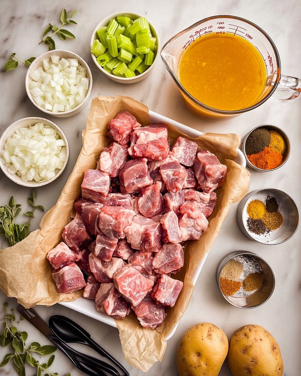 The image shows a large white rectangular tray lined with brown parchment paper filled with many pieces of raw pink meat with some white fat, arranged closely together. Surrounding this tray are several small white bowls: one holding chopped white onion pieces, another filled with cut green celery stalks, and two others containing a mix of light brown and dark brown powdery spices. There is a medium-sized clear measuring cup filled with orange-yellow liquid broth with measurement marks on it, placed to the right of the tray. Nearby, small metal and ceramic containers hold additional dark and golden spices, minced pale yellow garlic, and a small orange pepper. Two whole light brown potatoes rest at the bottom of the scene on a white marbled surface. Fresh green herb sprigs and a set of black measuring spoons lie scattered to the left and bottom right of the tray, completing this neatly arranged cooking prep shot photo taken with an iphone --ar 4:5 --v 7