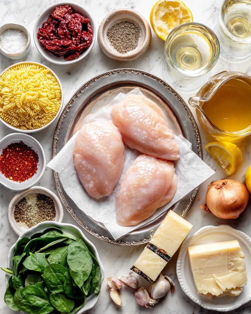 A flat silver tray holds three pale pink raw chicken pieces on white parchment paper at the center of the image. Around it, there are various small white bowls with ingredients, including deep red sun-dried tomatoes in the top left, bright red tomato paste below, golden orzo pasta in the bottom center, and red pepper flakes and smoked paprika in small white bowls near the middle right. To the right of the tray, there are three light brown shallots next to a stick of golden butter wrapped in black and yellow paper, a whole bright yellow lemon, and a clear glass jug filled with light brown chicken stock. In the bottom left corner, a white bowl holds fresh green spinach leaves. Small white and wooden bowls around the edge hold finely ground black pepper, coarse kosher salt, and whole peeled garlic cloves. There is a chunk of pale yellow parmesan cheese on a white plate with scalloped edges near the top center. Clear glasses hold pale yellow white wine and creamy white heavy cream in small pitchers. The background is a white marbled texture. Photo taken with an iphone --ar 4:5 --v 7