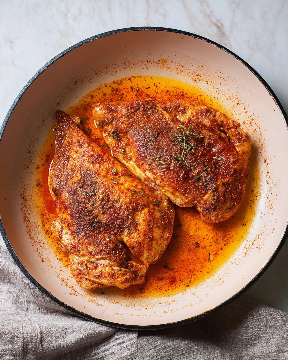 Two large pieces of cooked chicken lay in a white pan with a black rim, covered in a reddish-brown spice mix with a dry, textured look. The chicken pieces show slight browning edges and a sprinkling of herbs on top. Orange cooking oil pools around the chicken, creating a vibrant contrast against the pale pan surface. A grey cloth is partially visible under the pan on a white marbled table background. photo taken with an iphone --ar 4:5 --v 7