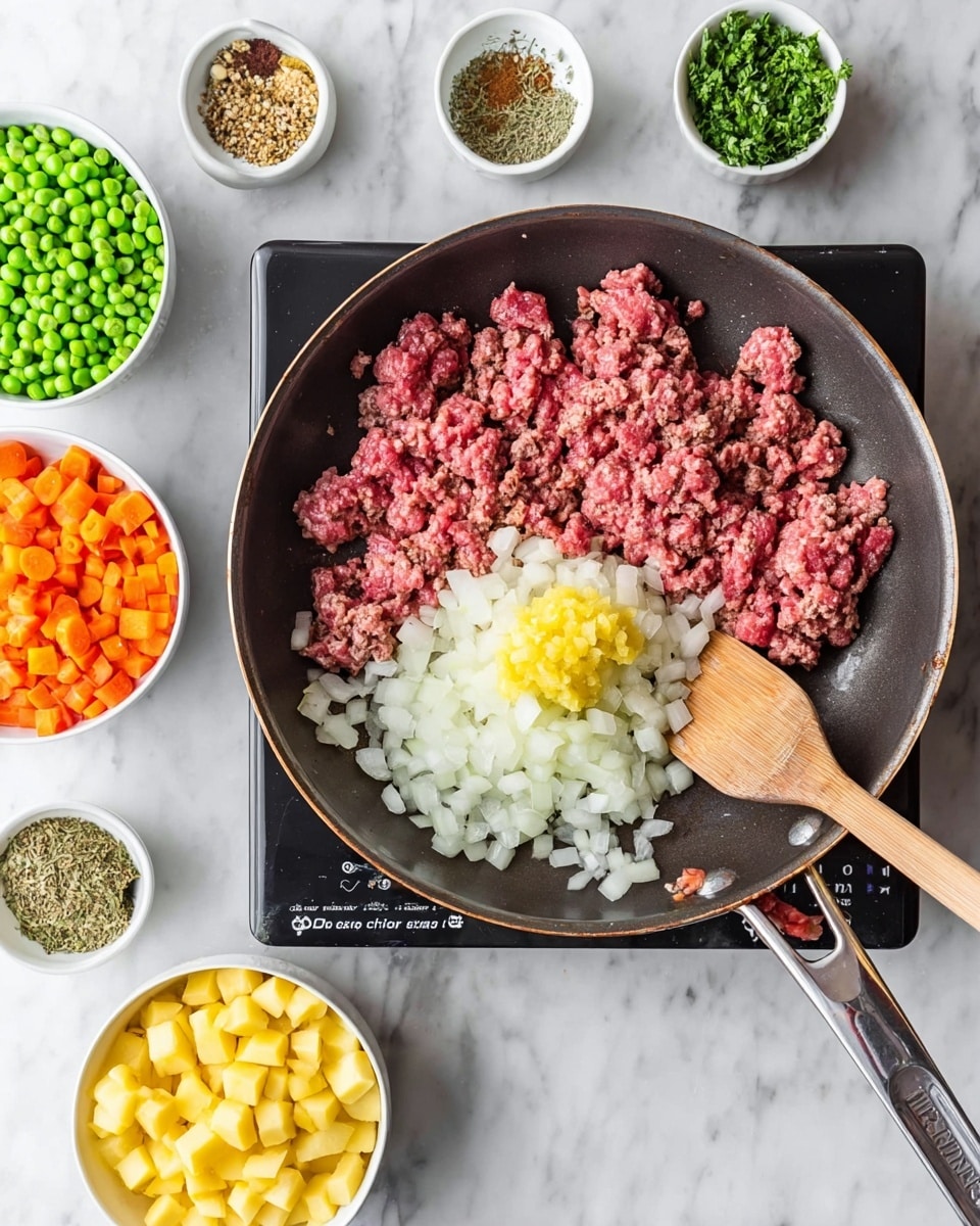 A frying pan sits on an electric stovetop with raw ground meat spread across one side, and a pile of white chopped onions and a dollop of minced yellow garlic in the center. A wooden spatula rests inside the pan over the meat. Around the pan on a white marbled surface, several small white bowls hold bright yellow diced potatoes, green peas, chopped carrots, corn, and various dried herbs and spices. The scene shows the preparation stage for cooking a mixed vegetable and meat dish. Photo taken with an iphone --ar 4:5 --v 7