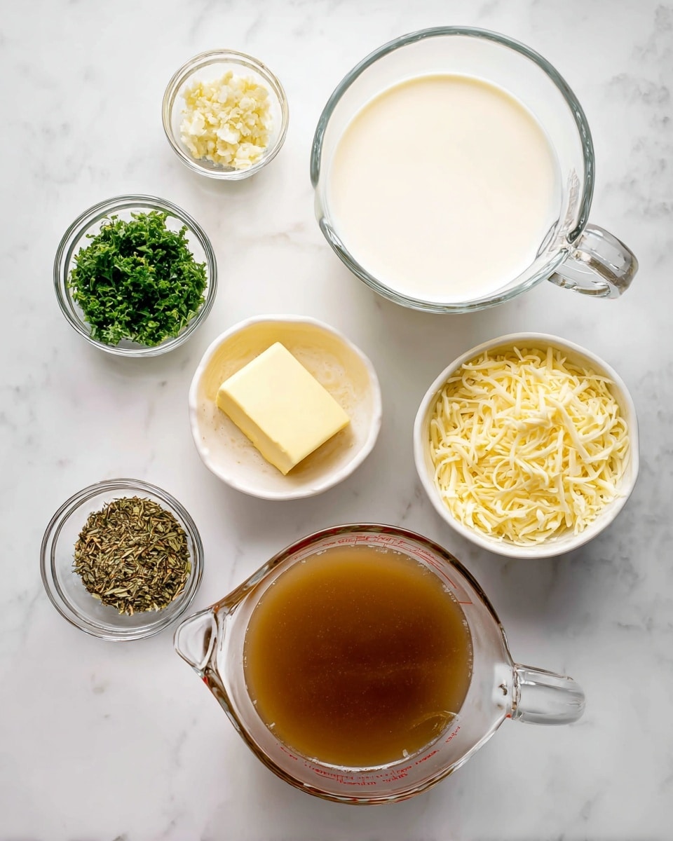 The image shows six small bowls and measuring cups arranged on a white marbled surface. From top right, there is a clear glass measuring cup filled with white milk, next to it is a small white bowl with a square piece of yellow butter. Below, a medium white bowl holds pale yellow shredded cheese. To the left of the cheese is a clear glass bowl with chopped green herbs. Above that is another clear glass bowl with minced garlic, and above it is a clear glass bowl with mixed dried herbs. At the bottom left corner, there is another clear glass measuring cup filled with brown broth or stock. All items are neatly placed and clearly visible. Photo taken with an iphone --ar 4:5 --v 7