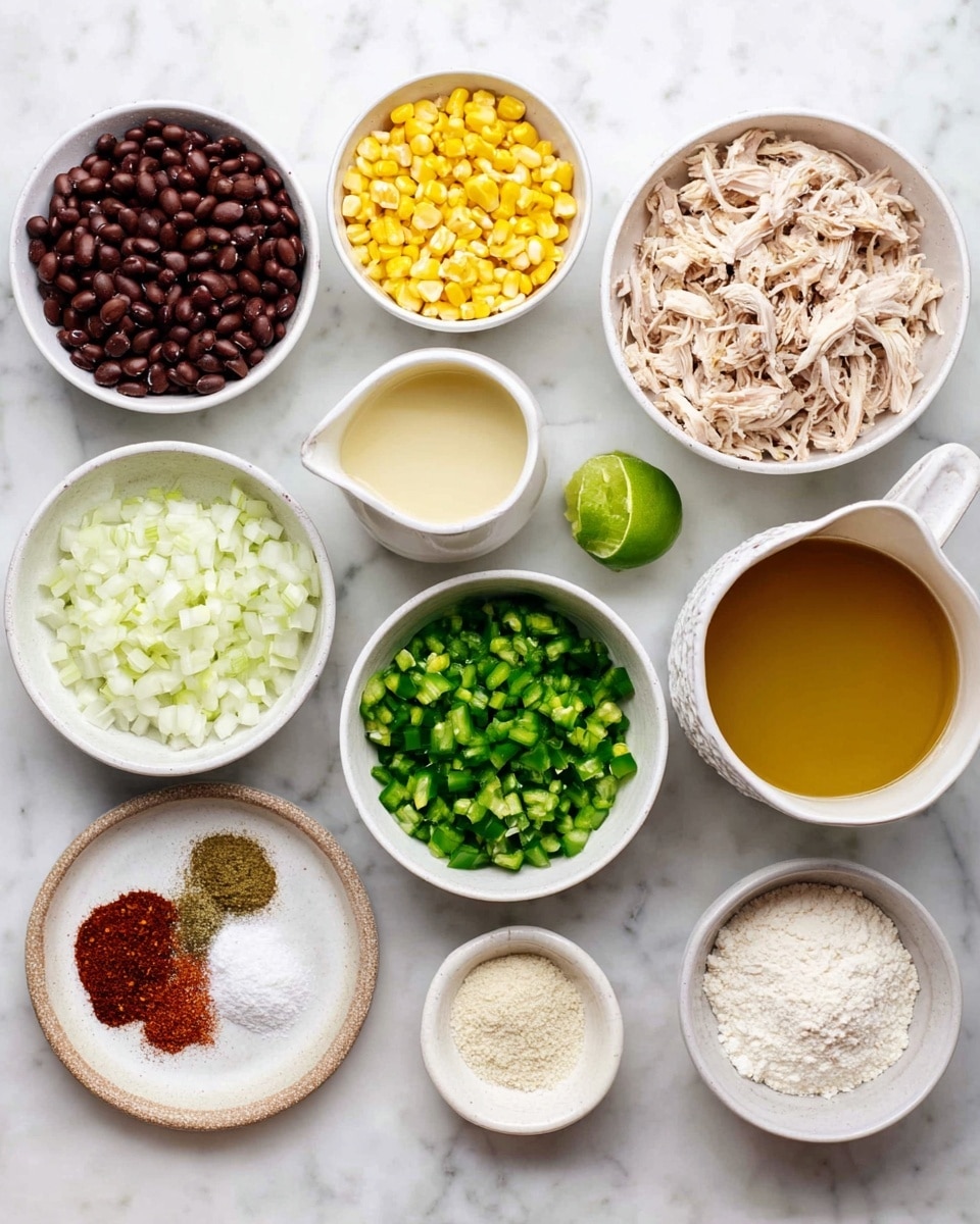 The image shows several bowls and small pitchers arranged on a white marbled surface. At the top right, there is a white bowl filled with shredded cooked chicken. To its left is a small bowl with yellow corn, and next to it, a pitcher with a light creamy liquid. Below, in the center, is a white bowl filled with bright green chopped peppers. To the left of that is a white bowl with finely diced white onions, with a half lime placed next to it. At the top left corner, there is a white bowl packed with dark brown beans. Below the onions is a small plate holding two kinds of ground spices, red and brown, placed side by side. Finally, there are two small bowls, one filled with minced garlic and the other with white flour, and a large white pitcher filled with a golden broth on the lower right. The setup is clean and neat, showing a variety of colors and textures ready for cooking. photo taken with an iphone --ar 4:5 --v 7