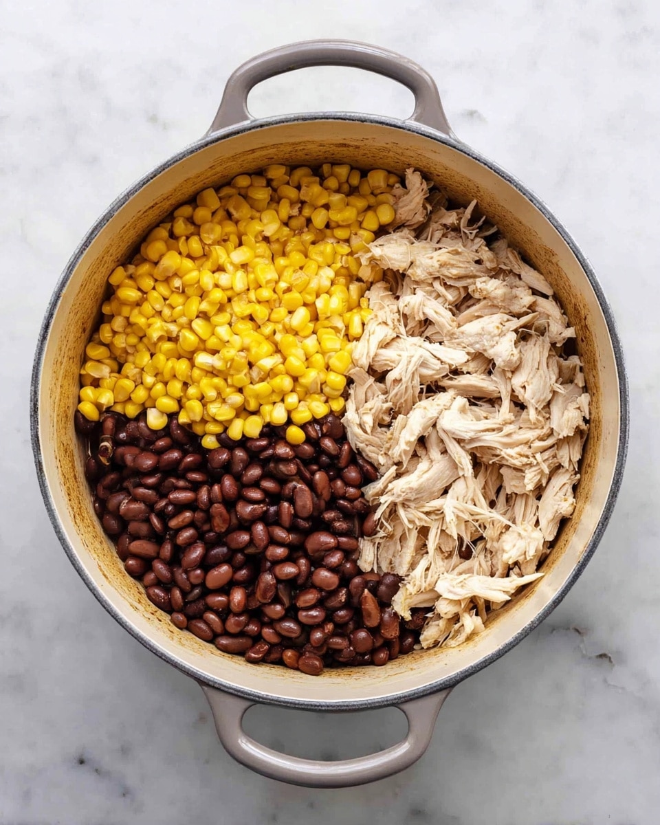 A round white pot with two gray handles holds three main layers arranged side by side inside: bright yellow corn kernels on the top left, dark brown whole beans on the top right, and shredded light beige cooked chicken filling the bottom half. The pot is placed on a white marbled surface, creating a clean and simple background. The inside of the pot shows a slight stain near the top edges where the food meets the pot. Photo taken with an iphone --ar 4:5 --v 7
