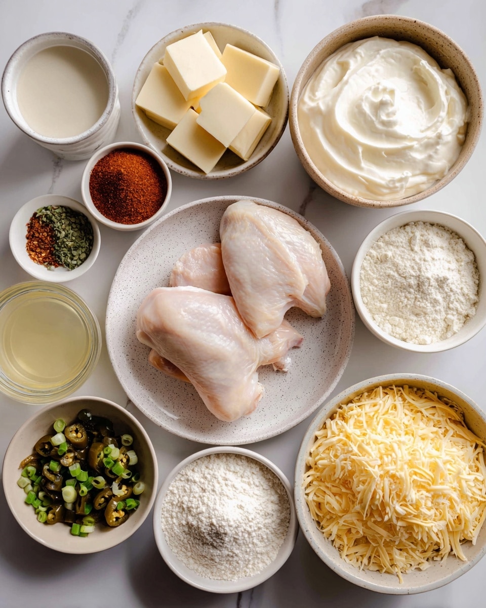 The image shows several white and beige bowls set on a white marbled surface, each filled with different ingredients. There are two raw chicken pieces placed on a white speckled plate in the center. To the right, a bowl holds strips of raw bacon with pink and white fat stripes. Next to it is a white plate with shredded yellow cheese. A large white bowl contains creamy white cream cheese with a smooth texture. Above that, a small white bowl holds square slices of pale yellow butter. Another small white bowl contains a mix of reddish and brown spices. On the left side, a beige bowl is filled with finely chopped dark green jalapeno pieces. Above it, smaller white bowls hold chopped green onion and minced white garlic. A small white bowl with white flour sits near the center-left and a clear glass contains pale yellow broth. The ingredients are neatly arranged with visible labels, all on a clean white marbled background. photo taken with an iphone --ar 4:5 --v 7