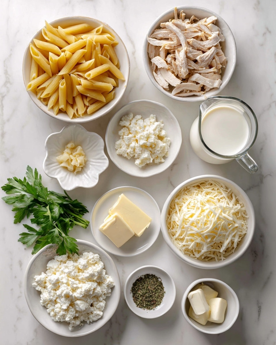 A white marbled surface holds multiple white bowls and small plates arranged neatly. One white bowl is filled with yellow uncooked penne pasta. A small white flower-shaped bowl contains finely minced garlic. Another white bowl holds thinly sliced cooked chicken with brown edges. A white bowl near the top right is filled with grated Parmesan cheese, which is pale off-white and fluffy in texture. A small white bowl beside it contains dried green herbs. There is a bunch of fresh green parsley placed near the center. A small white plate holds a few pats of creamy yellow butter. Another white bowl is filled with white flour, fine and powdery. A wider, short white bowl holds crumbly white cream cheese. A small white bowl contains shredded mozzarella cheese, soft and white. A clear glass jug of pure white heavy cream and a clear glass measuring cup filled with creamy white half & half liquid complete the setup. The overall arrangement is clean and organized, set on a white marbled surface. photo taken with an iphone --ar 4:5 --v 7