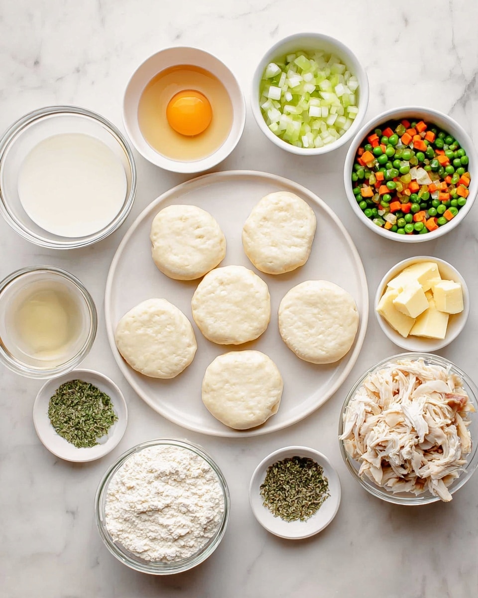 The image shows a white plate with seven round, pale biscuit dough pieces arranged in a circle on the right. Around the plate are small white bowls and a jar placed on a white marbled surface. Starting from the top and moving clockwise, there is a bowl with one raw egg, a small jar of milk, a bowl of diced light green celery, a small bowl of chopped garlic, a jar of golden broth, a bowl of chopped white onion, a bowl of shredded cooked chicken, a small bowl with green and orange mixed frozen peas and carrots, a bowl of white flour, a small bowl of yellow butter block, and a small bowl of dried green herbs. Each item is clearly separated, neatly arranged in an orderly circle. photo taken with an iphone --ar 4:5 --v 7