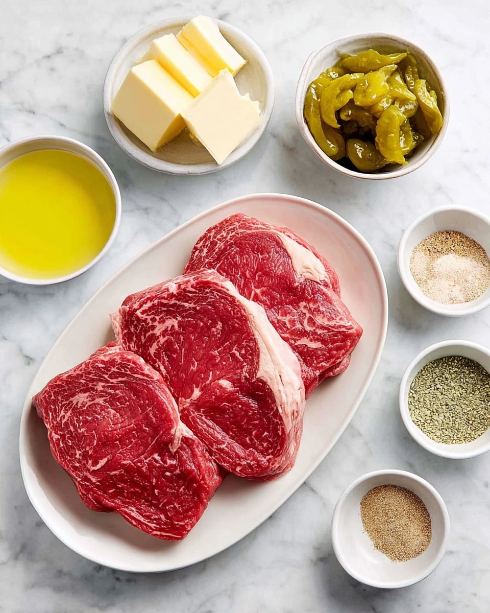 A white oval plate holds three thick raw steaks with a rich red color and white marbling throughout. Surrounding the plate are small white ceramic bowls on a white marbled texture surface. One bowl has pale yellow butter squares, another contains bright yellow oil, a third has green pepperoncini peppers, and two more bowls hold different light brown and pale green seasonings. The setup is neat and bright, showing fresh raw ingredients ready for cooking.  photo taken with an iphone --ar 4:5 --v 7