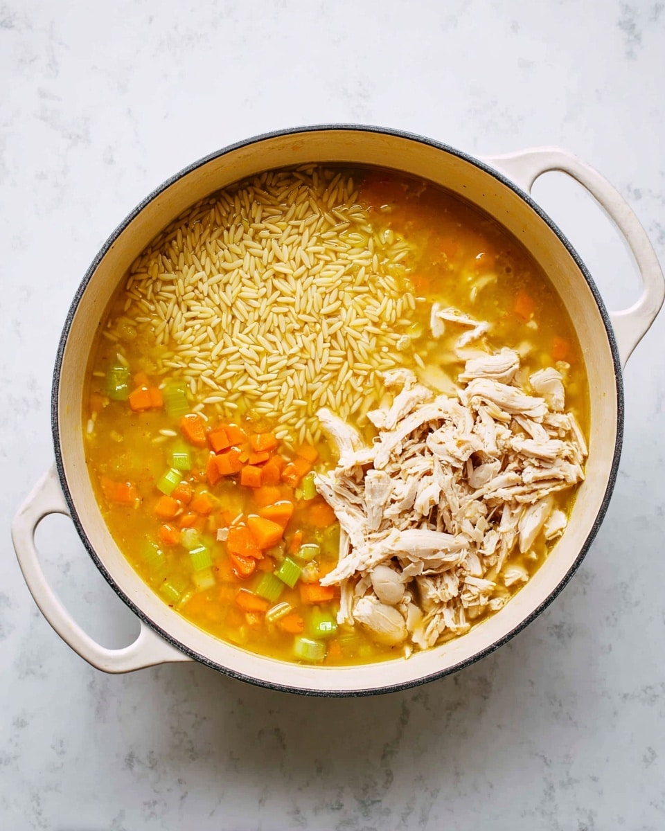 A white pot with two handles is filled with an orange-yellow broth containing small slices of green celery and orange carrot pieces floating inside. On the left side of the pot, there is a neat pile of uncooked orzo pasta that is light yellow in color. On the right side, there is a mound of shredded pale cooked chicken arranged over the broth. The pot is placed on a white marbled surface, giving a clean and bright background. The photo taken with an iphone --ar 4:5 --v 7