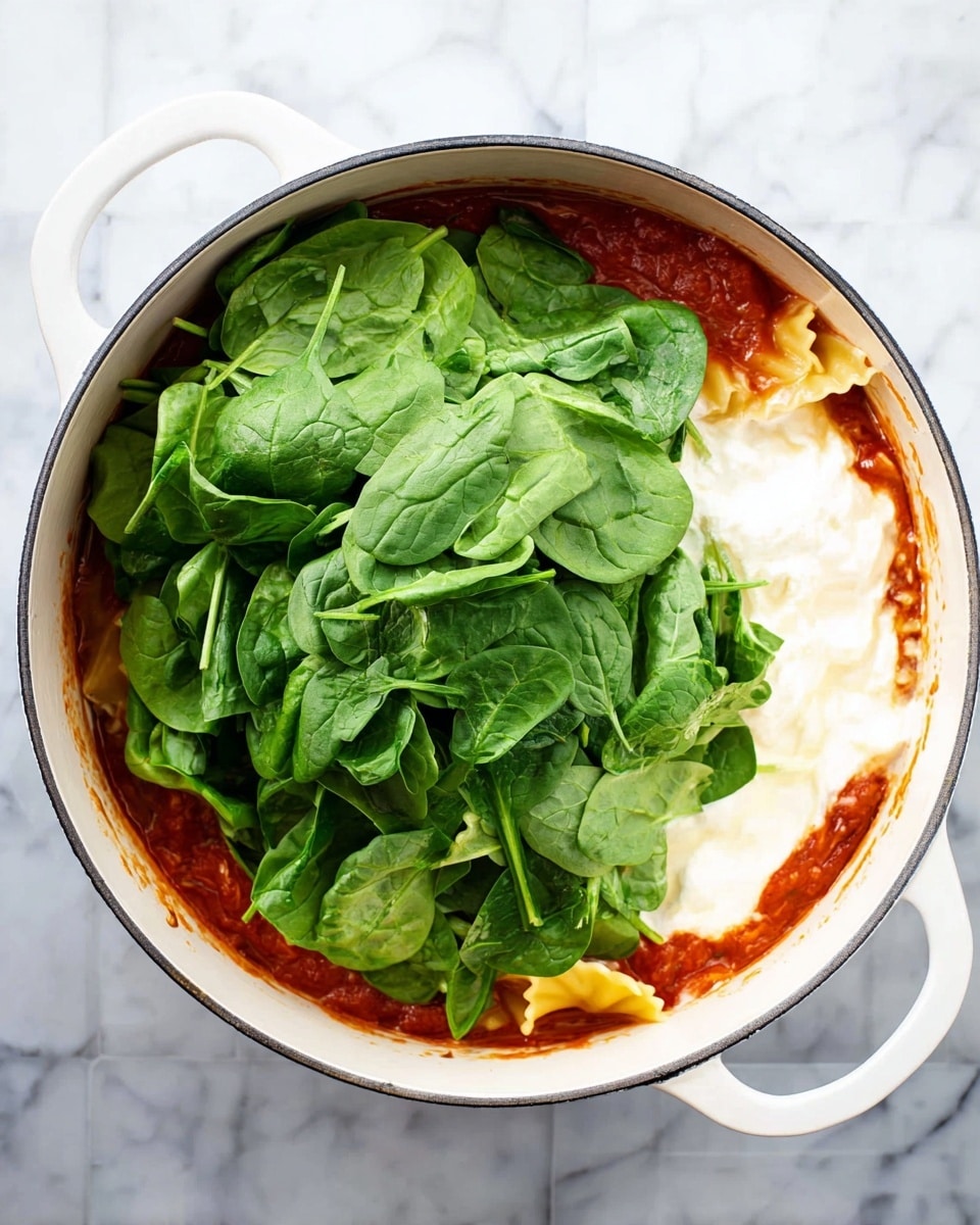 A top view of a white pot with three main layers visible inside: the bottom layer is filled with a rich red tomato sauce covering yellow lasagna pasta pieces, the middle right side has a thick layer of white cream or cheese, and the top layer is a large pile of fresh, bright green spinach leaves, slightly overlapping the sauce and cream. The pot sits on a white marbled surface. photo taken with an iphone --ar 4:5 --v 7