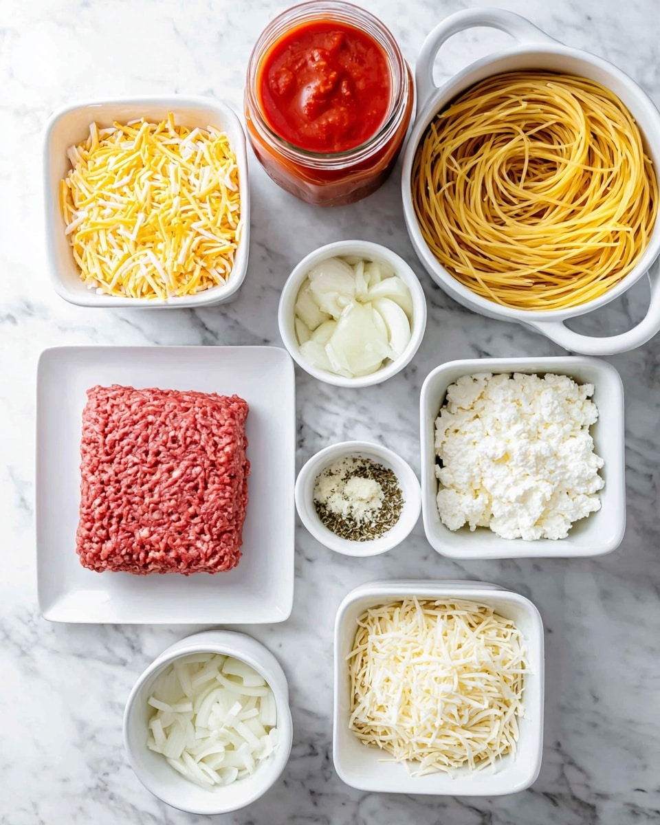 A collection of seven white containers arranged on a white marbled texture, featuring layers of common lasagna ingredients: a pot filled with cooked yellow spaghetti at the bottom, a white bowl with shredded yellow cheese to the middle left, a bowl with white cottage cheese positioned to the right, and next to it a bowl with white shredded cheese. Above these, a small white bowl contains a mix of finely chopped garlic and green dried herbs, while another small bowl holds chopped white onions. A small white plate holds a rectangular block of raw red ground beef in the center, and a glass jar with smooth bright red tomato sauce is at the top left. Photo taken with an iphone --ar 4:5 --v 7