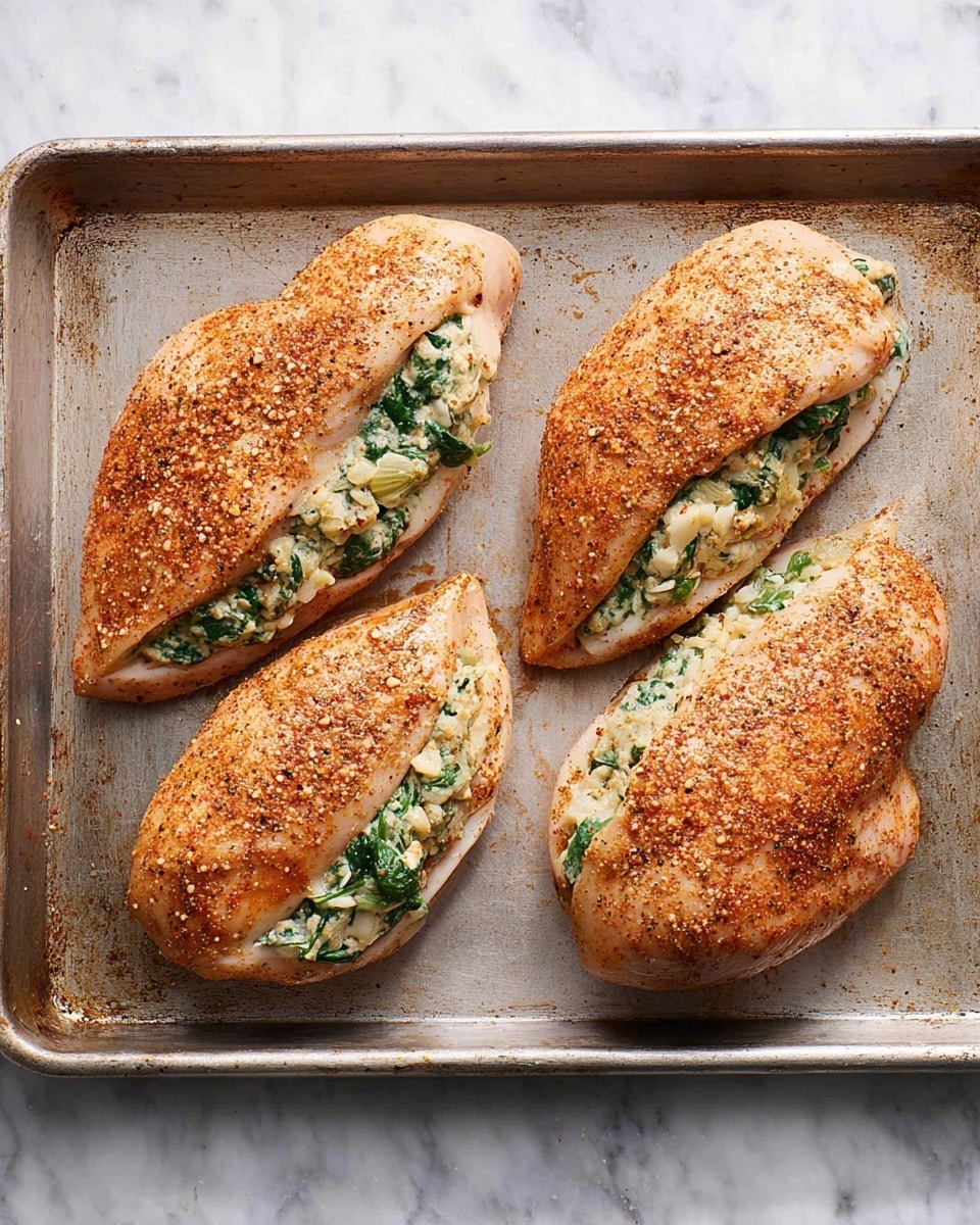 The image shows four raw chicken breasts on a metal baking tray placed on a white marbled surface. Each chicken breast is sliced open and filled with a creamy mixture that includes visible green spinach leaves and light-colored cheese. The outside of the chicken breasts is seasoned with a reddish-brown spice rub, giving them a speckled texture. The baking tray has slight marks and discoloration from use, adding a rustic touch. The overall setup is clear and well-lit, focusing on the prepared chicken breasts ready for cooking. photo taken with an iphone --ar 4:5 --v 7