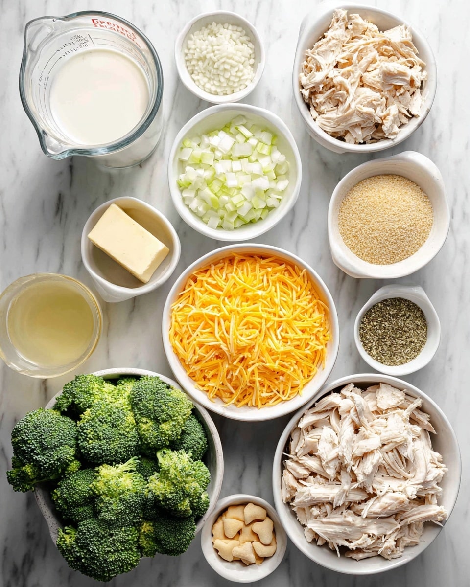 A top view of many small white bowls arranged neatly on a white marbled surface, each filled with different ingredients. There is one large white bowl at the bottom with green broccoli florets. To the right of it is another large white bowl full of shredded cooked chicken, light beige with some texture. Above that bowl is a clear glass measuring cup with white milk. In the center is a medium white bowl filled with shredded yellow cheddar cheese. Surrounding these are smaller white bowls holding diced white onions, a small block of butter, shredded pale cheese, a mix of dried herbs and garlic powder, flour, mustard, and crushed crackers. Near the bottom left is a clear glass with a pale yellow liquid. The image is bright and clean, showing all items clearly laid out. photo taken with an iphone --ar 4:5 --v 7