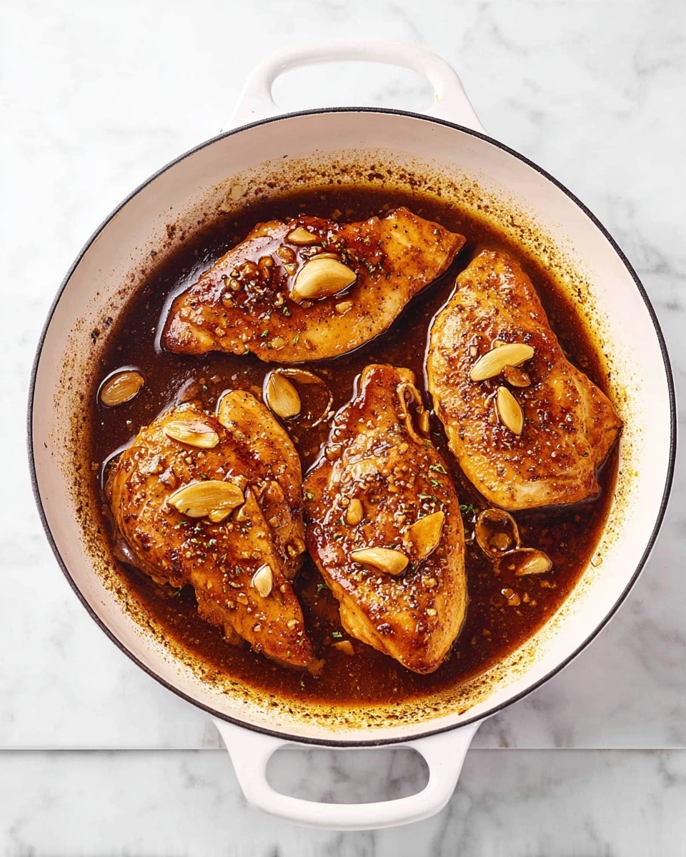 Four golden-brown pieces of cooked chicken lay in a white deep pan with handles on both sides. The chicken is covered with a dark brown sauce that looks thick and shiny. Small slices of browned garlic are scattered on top of the chicken and mixed in the sauce. The sauce partially coats the pan’s bottom, showing darker and lighter spots where the sauce is thin. The pan sits on a white marbled surface. photo taken with an iphone --ar 4:5 --v 7