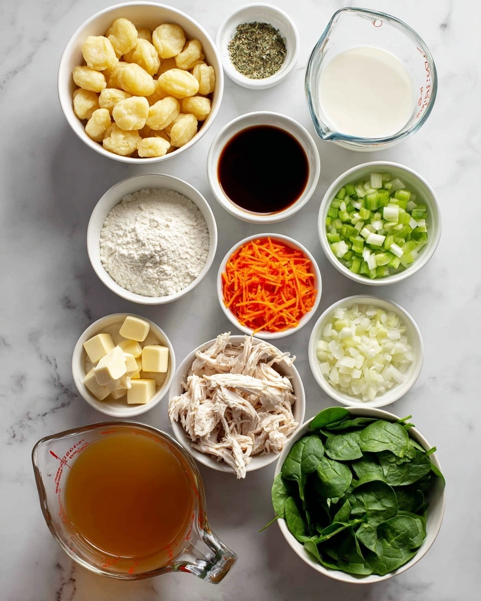 A top-down view of various cooking ingredients arranged neatly on a white marbled surface. There are ten bowls and a glass measuring cup: a white bowl filled with light yellow gnocchi at the top left; a white bowl with white flour next to it; a white bowl with dark soy sauce; a small white bowl with mixed dried herbs; a small white bowl filled with minced garlic; a clear glass measuring cup with white milk; a white bowl with chopped green celery; a white bowl with diced white onions; a small white bowl with a light yellow square of butter; a white bowl filled with shredded cooked chicken; a white bowl containing shredded orange carrots; a white bowl filled with fresh green spinach leaves; and a glass measuring jug with golden brown broth at the bottom right. All items are cleanly arranged and well-lit. photo taken with an iphone --ar 4:5 --v 7