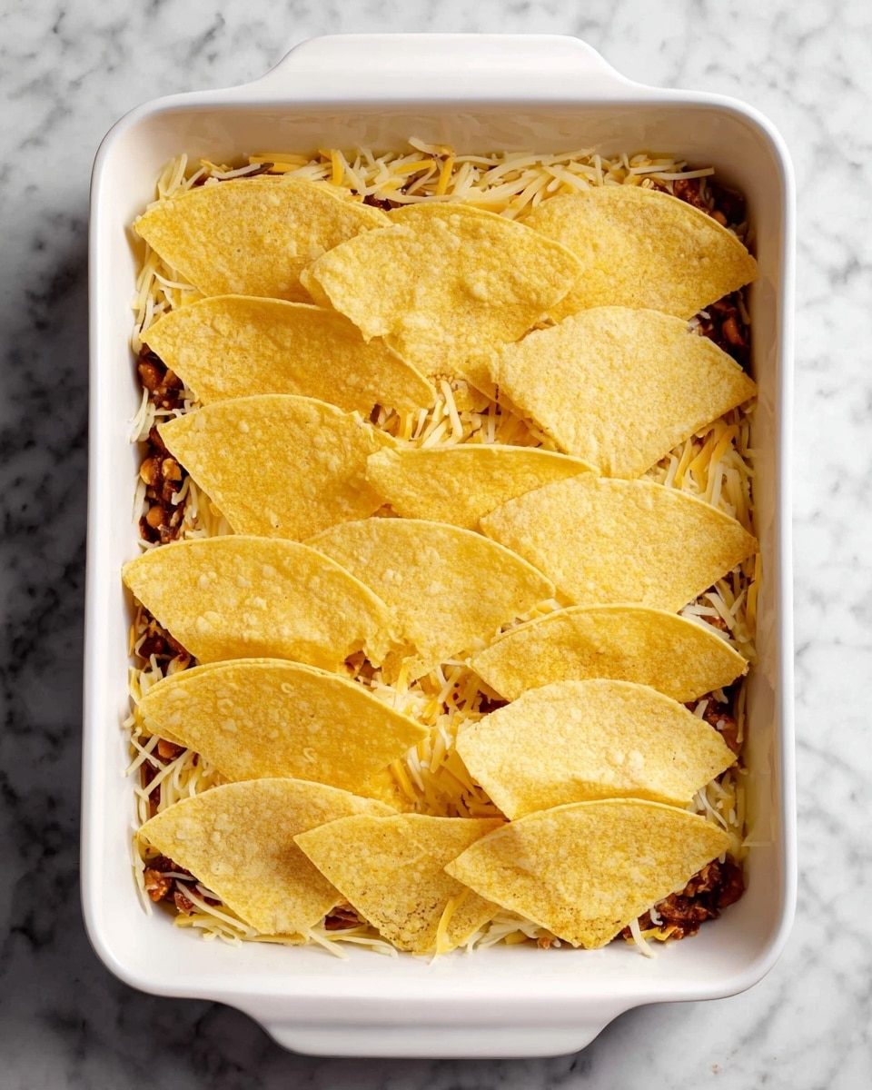 This image shows a white rectangular baking dish filled with a layered casserole. The bottom visible layer is shredded cheese with a pale yellow color, spread evenly across the dish but not fully covering the surface. On top of the cheese, there is a layer of chopped cooked meat or beans, dark brown in color but mostly covered by the next layer. The top layer consists of multiple overlapping yellow corn tortillas, folded in half and arranged to cover almost the entire surface, creating a patchwork pattern. The dish is placed on a white marbled surface. Photo taken with an iphone --ar 4:5 --v 7