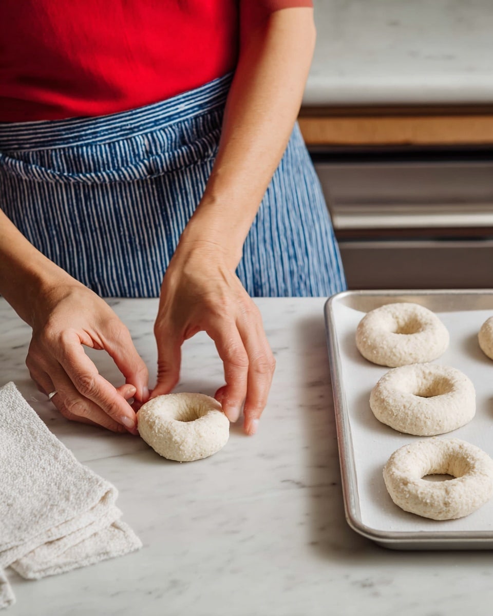A woman's hands are shaping a small round dough piece with a hole in the center, forming a ring shape on a white marbled surface. To the right, a metal tray lined with white parchment paper holds four more similar dough rings, ready to be baked. The dough has a pale, slightly rough texture and looks soft. The person is wearing a red top and a blue and white striped apron, with a white towel folded on the left side of the frame. Photo taken with an iphone --ar 4:5 --v 7