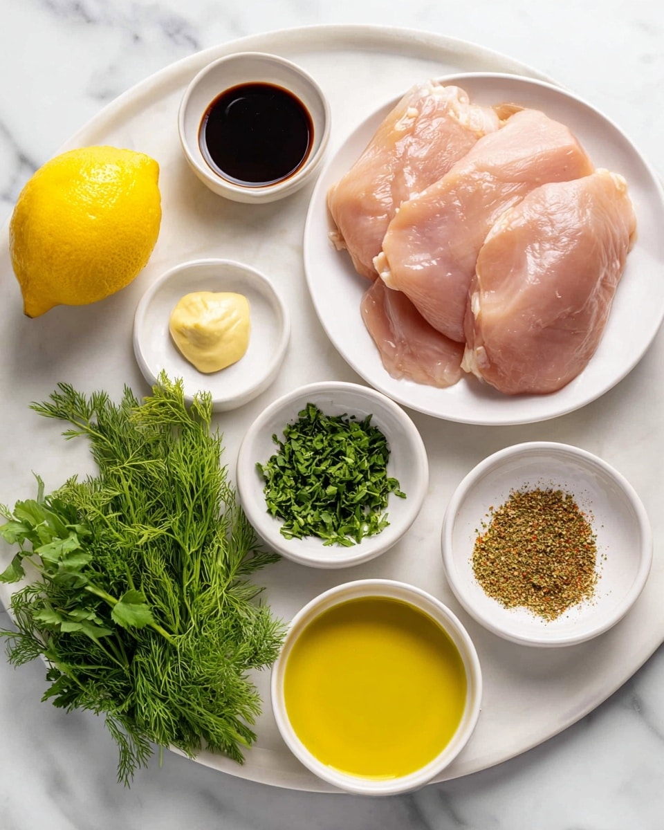 The image shows raw chicken pieces on a white round plate placed on a white marbled surface. Around the chicken are small white bowls containing different ingredients: one bowl holds dark soy sauce, another has a dollop of light yellow mustard, a third bowl contains green herbs mixed with brown spices, and a fourth bowl is filled with golden olive oil. Next to the bowls, there is a white plate with fresh green herbs, likely parsley and dill. A whole bright yellow lemon is also placed near the ingredients, completing a clean and fresh setup for cooking. photo taken with an iphone --ar 4:5 --v 7
