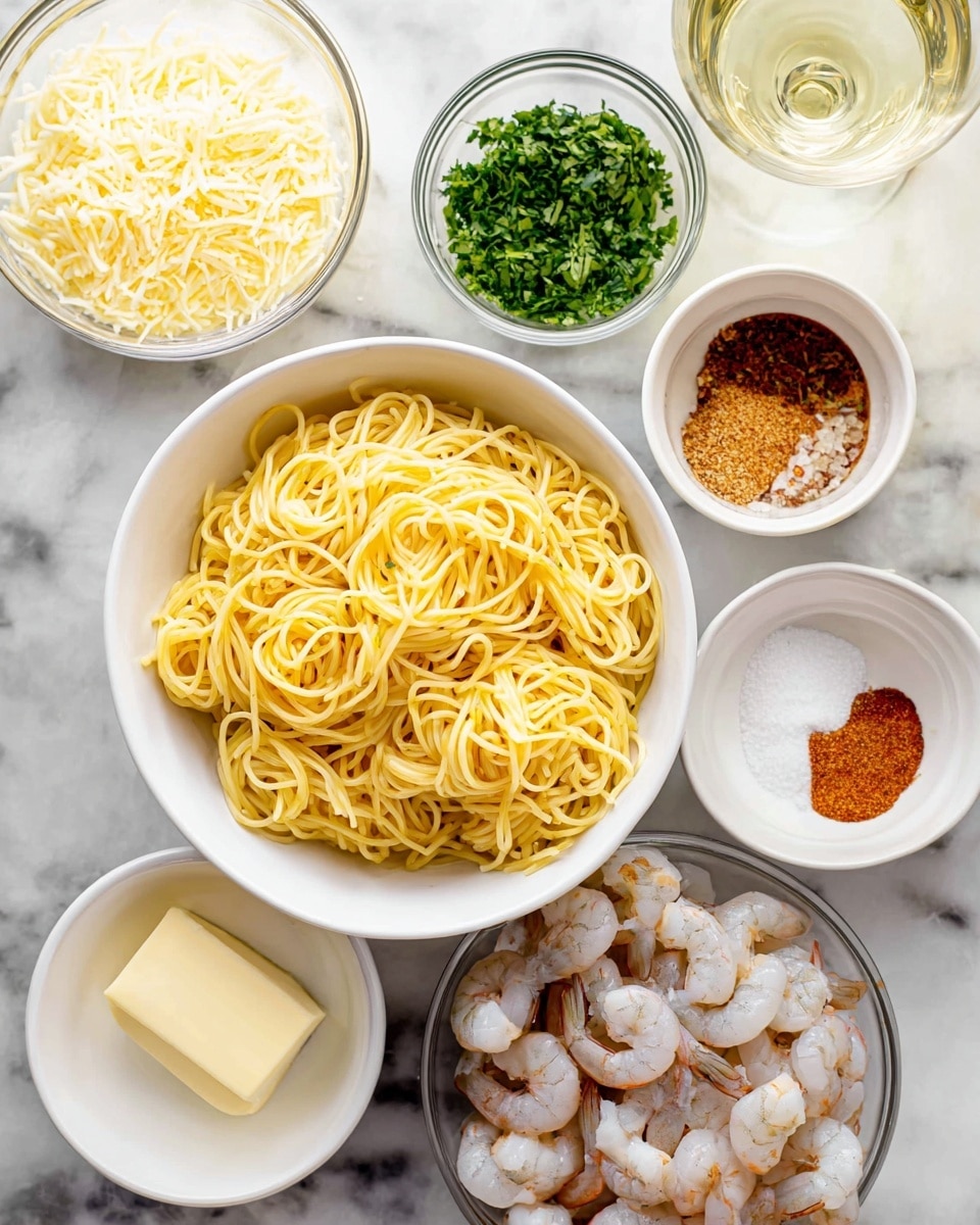 A white bowl filled with cooked yellow pasta is placed on a white marbled surface, surrounded by small white bowls and glass containers holding different ingredients: shredded light yellow cheese, finely chopped green herbs, peeled raw shrimp in a clear glass bowl, melted butter with a solid piece in a small white bowl, a bowl of minced garlic, a bowl of brownish-red spice powder, and a glass cup of white wine. The arrangement is neat and the colors range from creamy yellows and fresh greens to translucent shrimp, all on the white marbled background. photo taken with an iphone --ar 4:5 --v 7