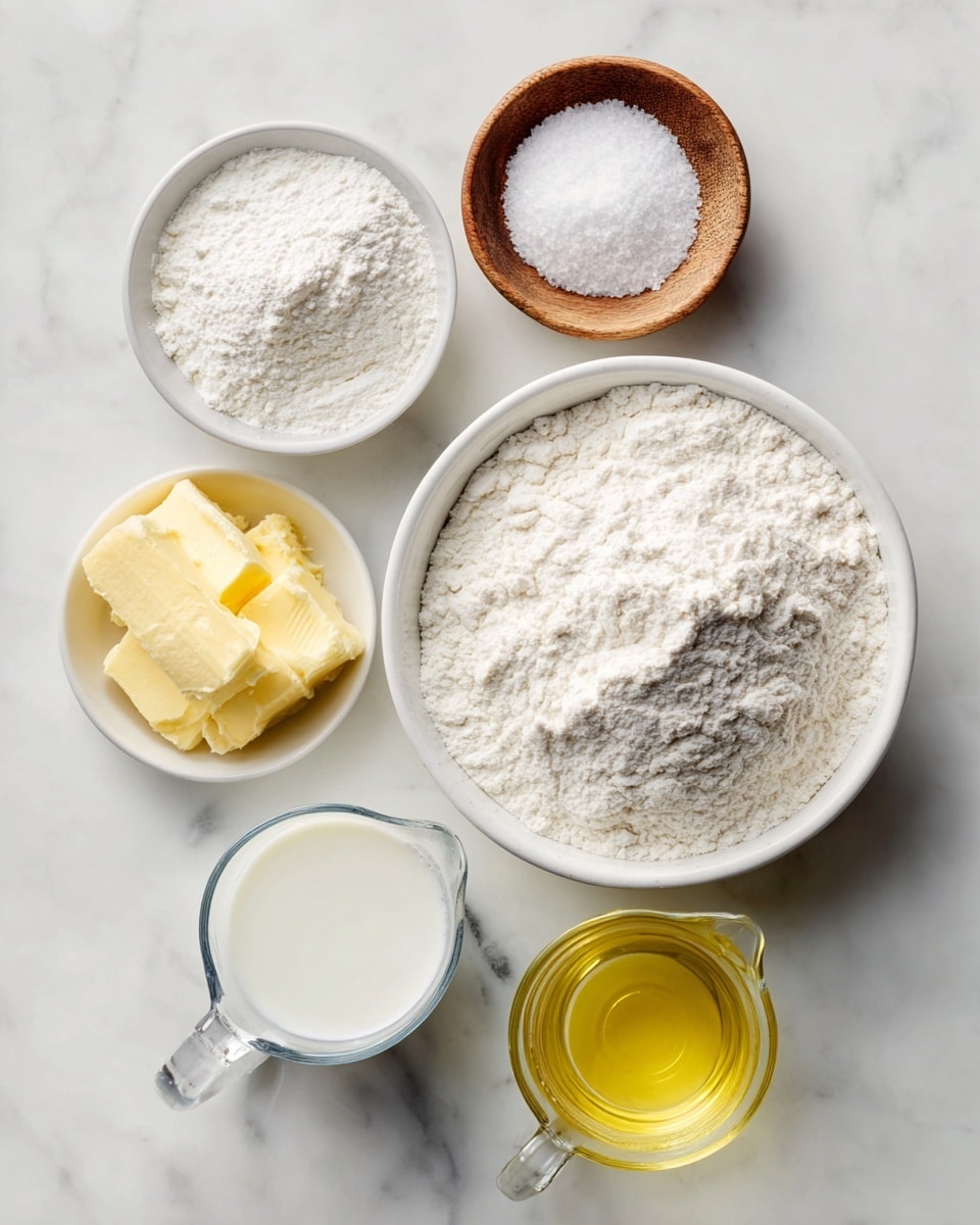 The image shows six small containers on a white marbled surface, each holding a different ingredient. In the center is a large white bowl filled with white flour, slightly piled in the middle with a powdery texture. Above it to the left is a small white bowl holding white baking powder that looks finely ground. To the right of the baking powder is a small wooden bowl filled with coarse white salt. Below the salt is a small white bowl containing smooth melted yellow butter. To the right of the butter is a clear glass measuring cup filled with white milk, showing a smooth surface. Finally, at the bottom of the image is a larger clear glass measuring cup filled with pale yellow canola oil, transparent and glossy. The photo taken with an iphone --ar 4:5 --v 7