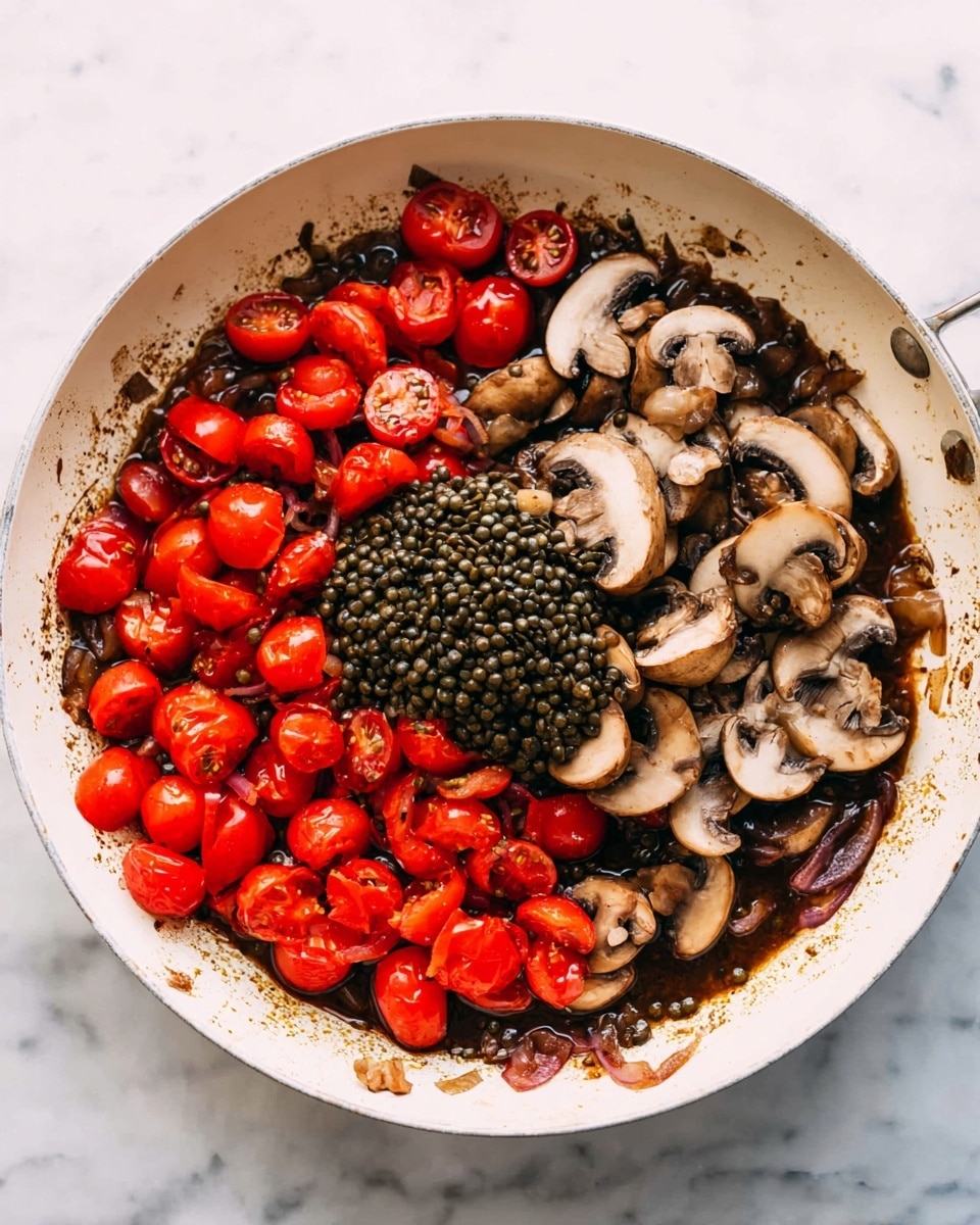 A white round pan on a white marbled surface holds a mix of ingredients divided in three parts: cooked brown mushrooms with soft texture and slight shine spread mostly on the right side, bright red halved cherry tomatoes piled in the center and left side, and a small mound of dark green lentils resting near the center of the pan on top of the mushrooms. The mixture appears to be cooking in a dark sauce that pools slightly around the edges of the pan, with bits of sliced red onion visible among the mushrooms photo taken with an iphone --ar 4:5 --v 7