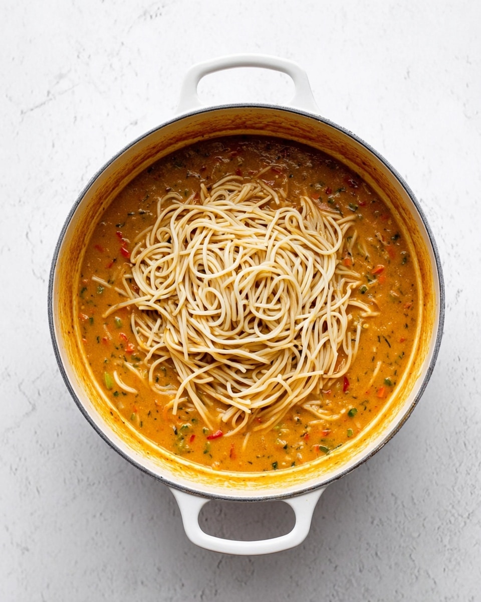 A white pot with two handles is filled with a thick, orange-brown sauce that has visible small bits of vegetables like green and red pieces scattered throughout. On top of this sauce, inside the pot, there is a pile of light beige, thin spaghetti noodles, loosely arranged in a circular shape. The pot is placed on a white marbled surface. photo taken with an iphone --ar 4:5 --v 7