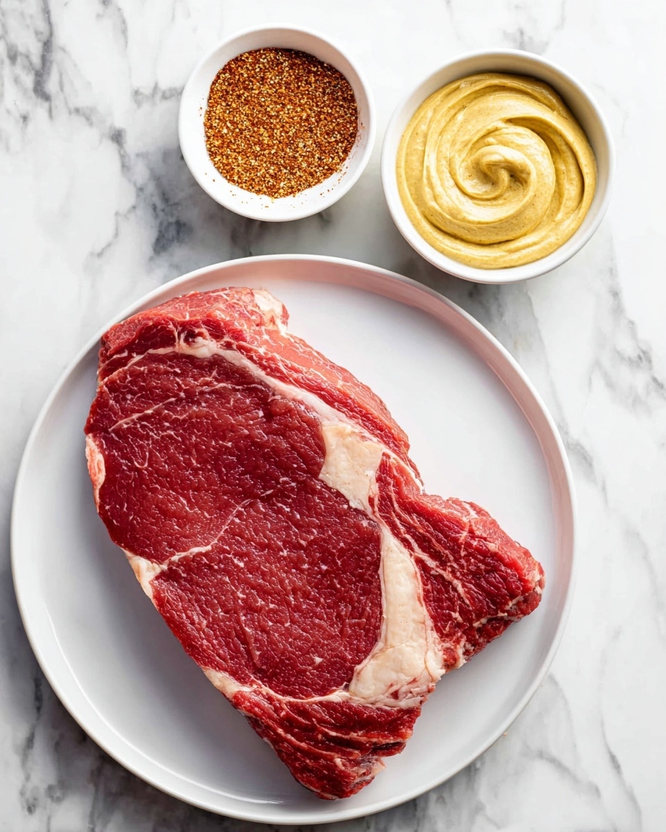 A large raw red piece of meat with white fat marbling is placed in the center of a white round plate. Above the plate, there are two small white bowls; the left bowl is filled with a coarse reddish-brown spice mix, and the right bowl holds a smooth swirl of pale yellow mustard. All items are set on a white marbled surface. Photo taken with an iphone --ar 4:5 --v 7