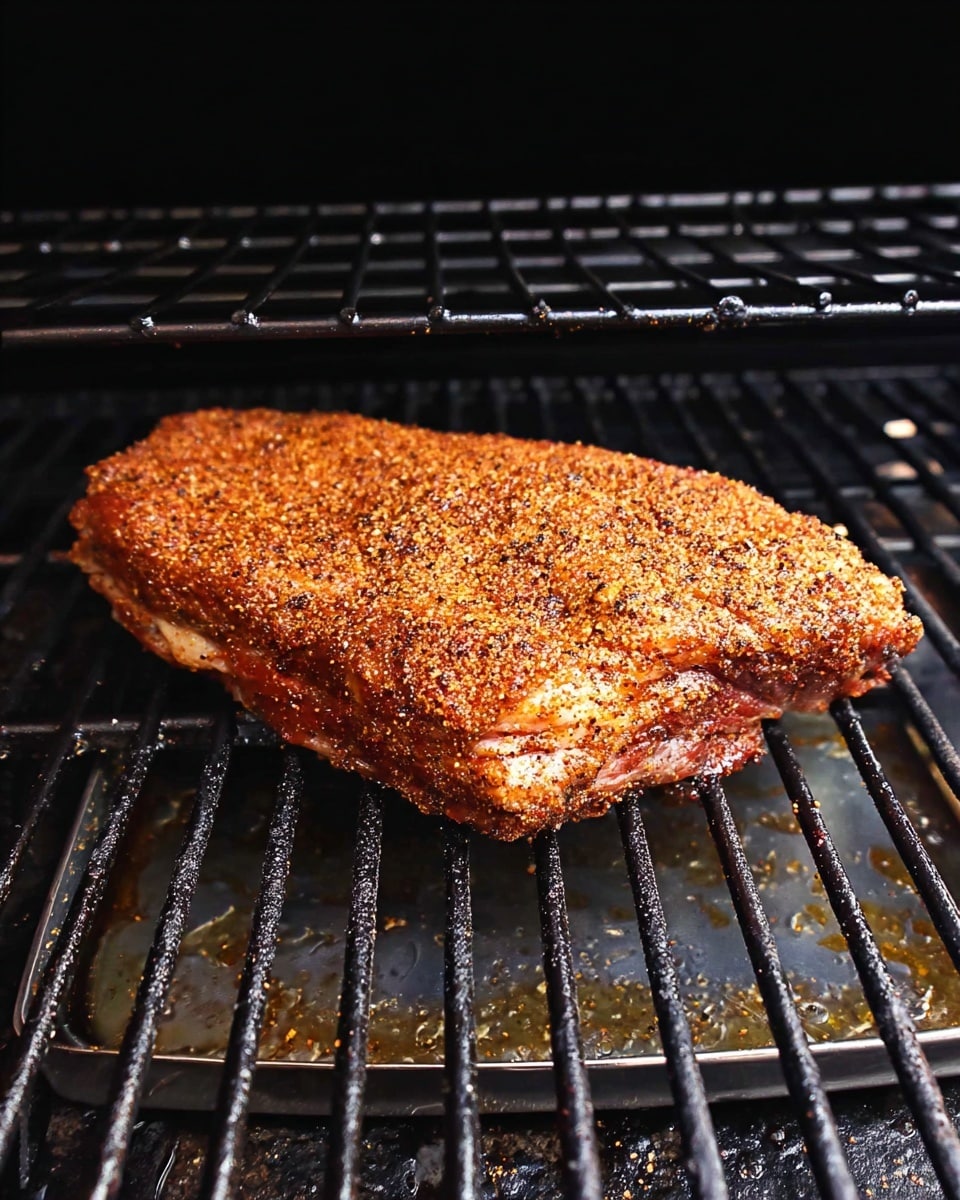 A single large piece of meat covered with a reddish-brown spice rub sits on a black grill grate. The meat has a rough texture from the spices and is positioned in the center of the grill, above a metal tray that catches drips. The background inside the grill is dark, and the grill bars are evenly spaced. photo taken with an iphone --ar 4:5 --v 7