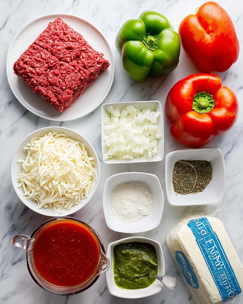 The image shows a top-down view of fresh ingredients arranged neatly on a white marbled surface. On the top left, a square block of ground red meat sits on a white plate. Below it, there are three green bell peppers and two red bell peppers close together. In the center right, a small white bowl contains finely chopped white onions, next to a square container filled with white flour and a spoon inside. A smaller white bowl holds a mix of dried herbs and chopped garlic, while another white bowl is filled with shredded cheese. Near the bottom left, a clear measuring cup contains red tomato sauce, and a small white bowl next to it contains green pesto. A blue wrapped block of farmer cheese is also visible. photo taken with an iphone --ar 4:5 --v 7