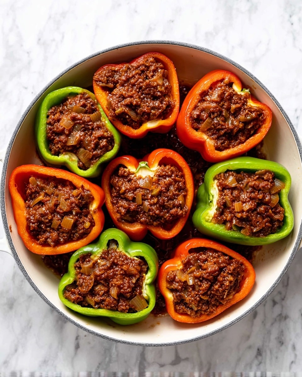 The image shows a white pan filled with eight bell pepper halves arranged in a circle and one in the center, alternating red and green colors. Each pepper half is filled with a chunky, dark brown meat sauce mixed with small bits of onions and other ingredients, creating a rich, thick texture. The pan rests on a white marbled surface that contrasts with the colorful peppers. The filling looks moist and hearty, sitting neatly inside each pepper half, showcasing the bright, smooth, and shiny skin of the peppers around the edges. Photo taken with an iphone --ar 4:5 --v 7
